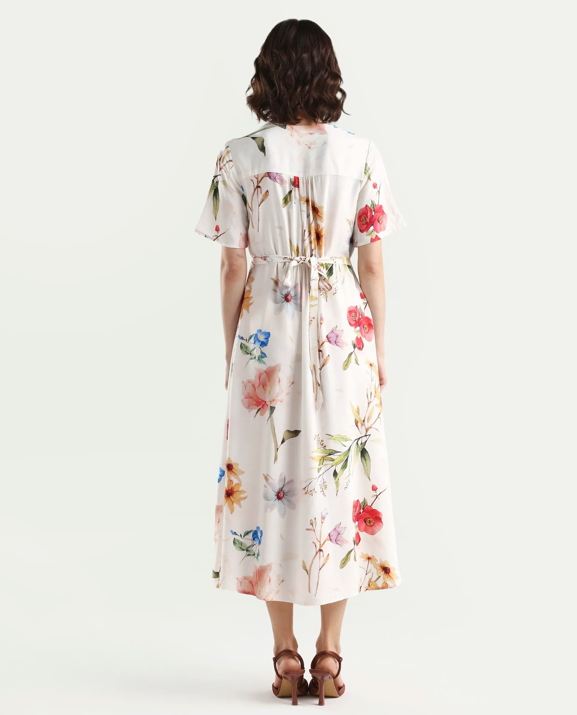 Rareism Women's Vanah Off White Viscose Half Sleeve V-Neck A-Line Floral Print Dress