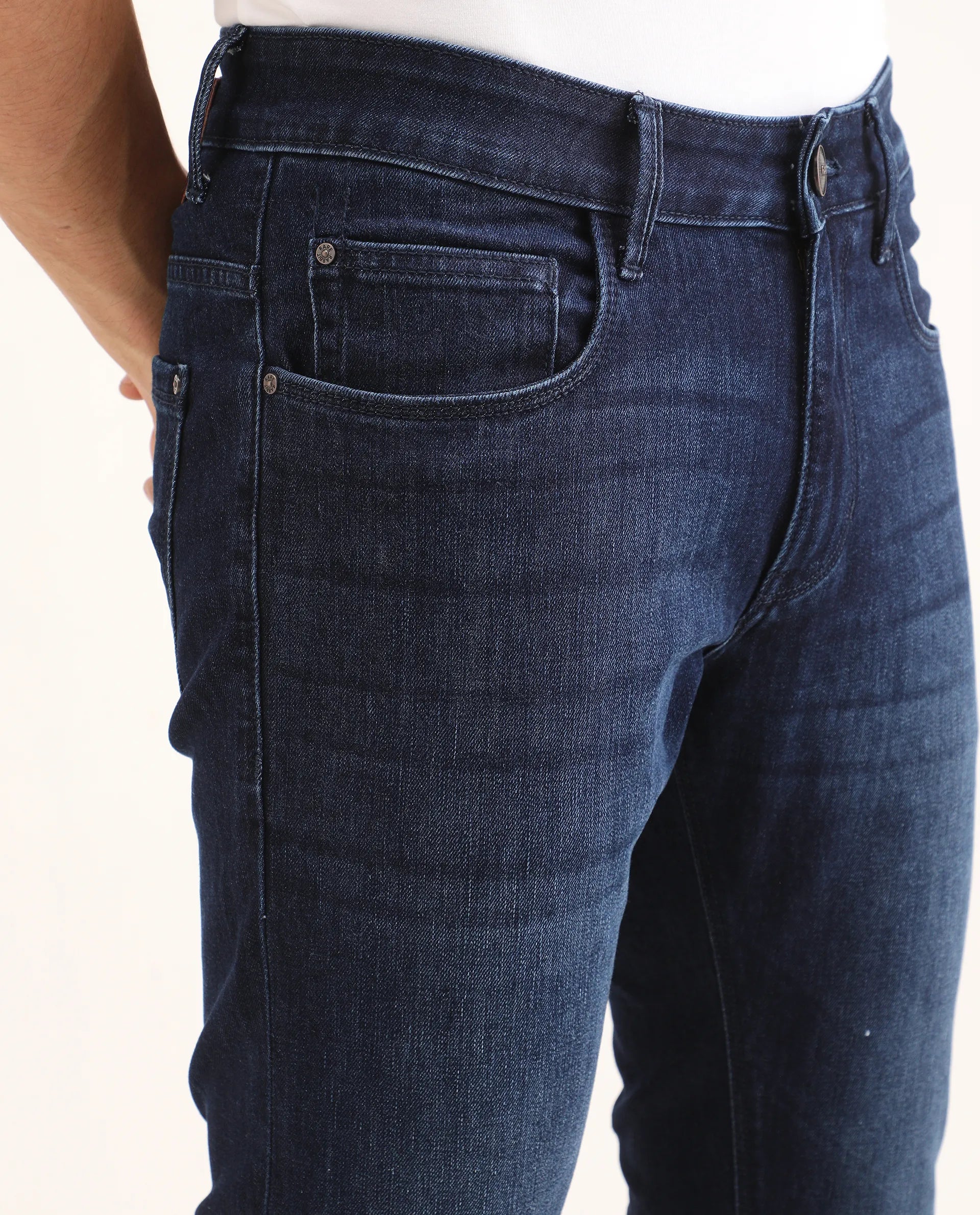 Rare Rabbit Men's Samm Dark Blue Cotton Blend Fabric Hawk Slim Fit Jeans