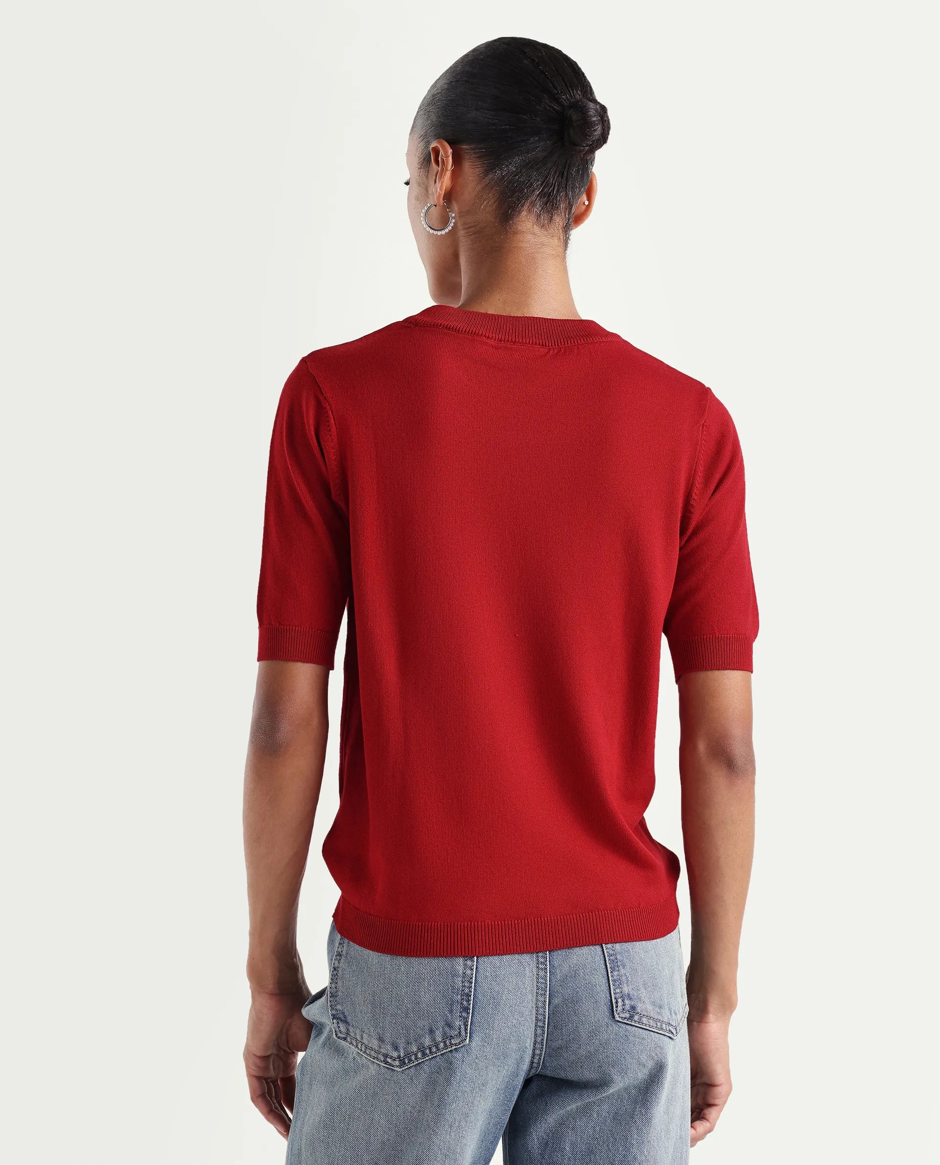 Rareism Women's Sohrdo Red Nylon Blend Half Sleeve Crew Neck Regular Fit Plain Top