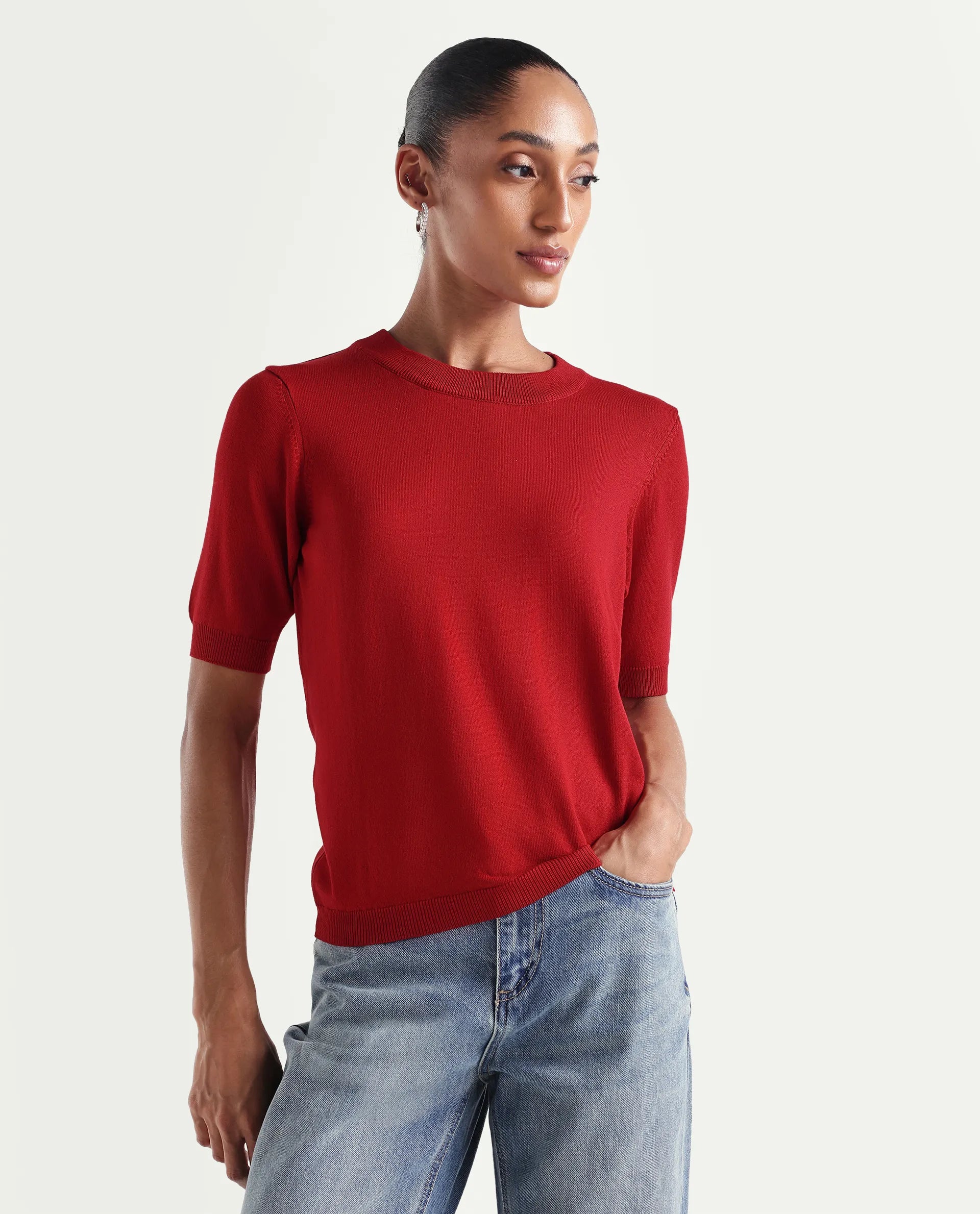 Rareism Women's Sohrdo Red Nylon Blend Half Sleeve Crew Neck Regular Fit Plain Top