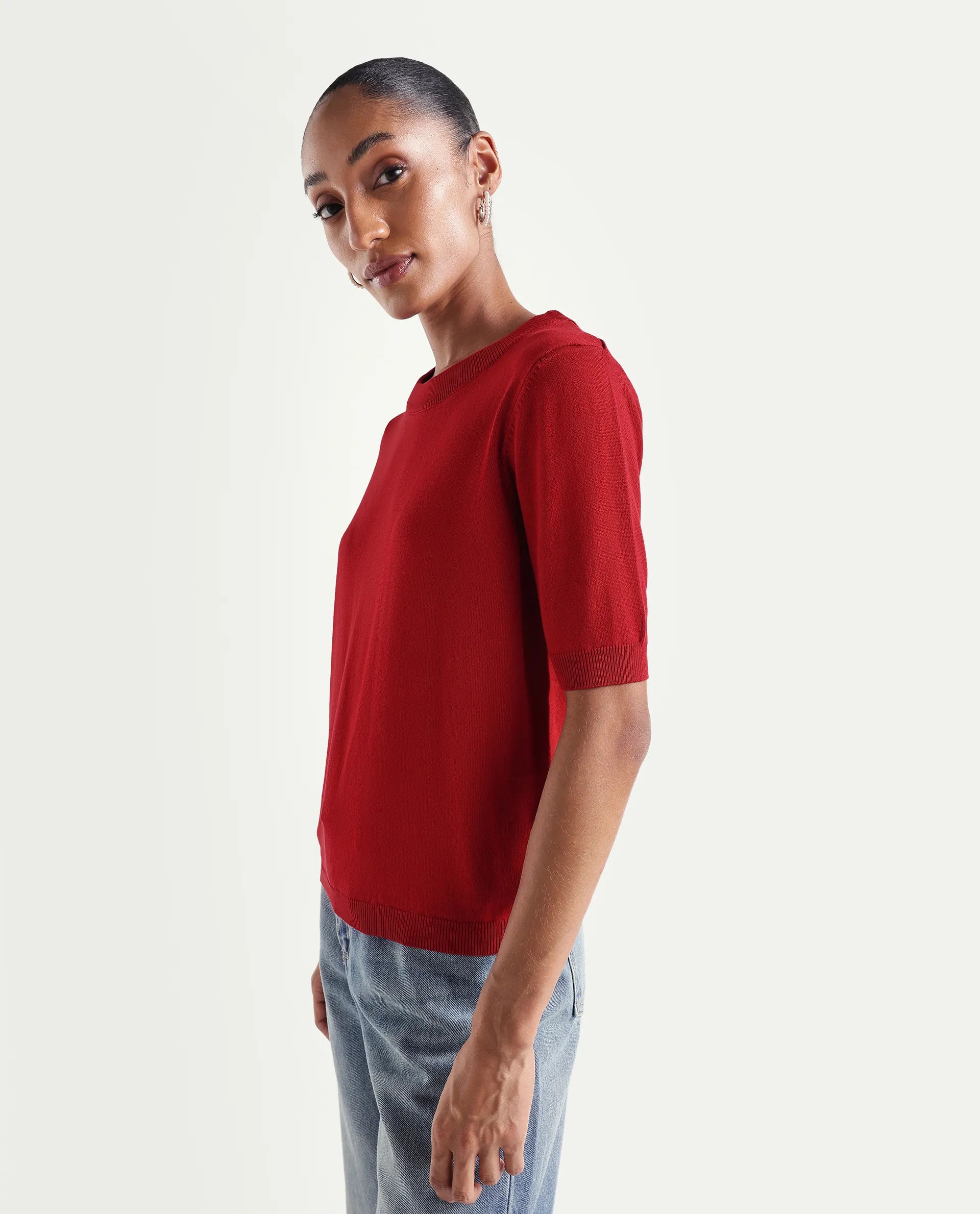 Rareism Women's Sohrdo Red Nylon Blend Half Sleeve Crew Neck Regular Fit Plain Top