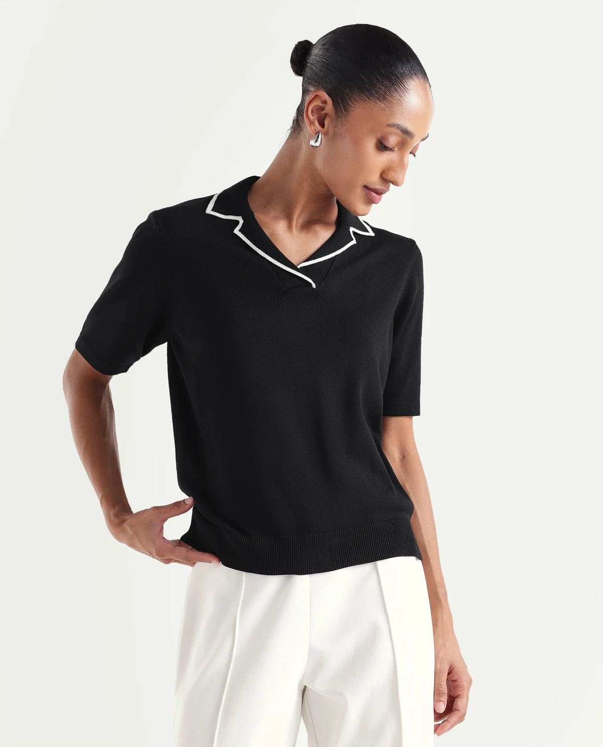 Rareism Women's Syrus Black Nylon Blend Half Sleeve Jonny Collar Relaxed Fit Plain Polo