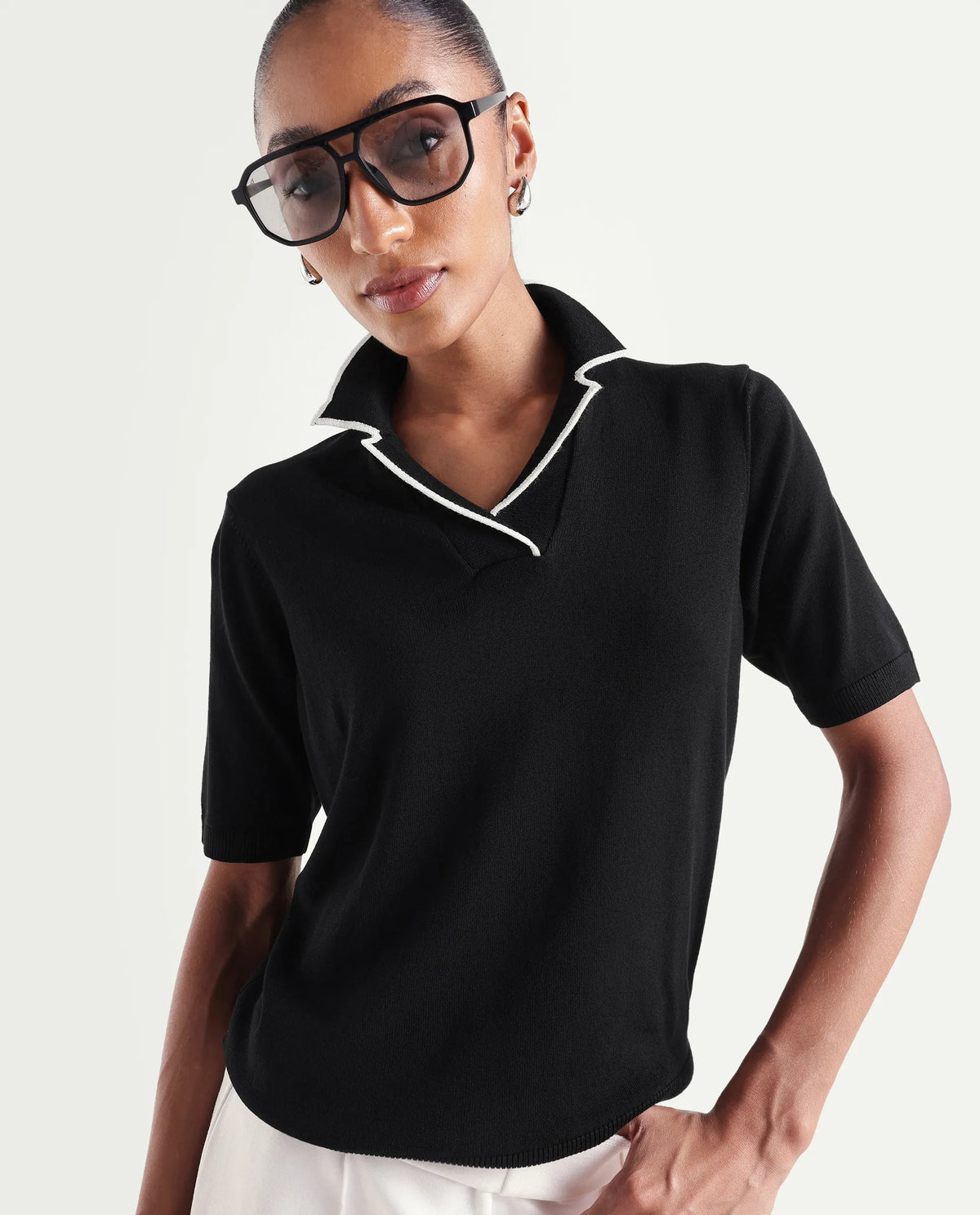 Rareism Women's Syrus Black Nylon Blend Half Sleeve Jonny Collar Relaxed Fit Plain Polo