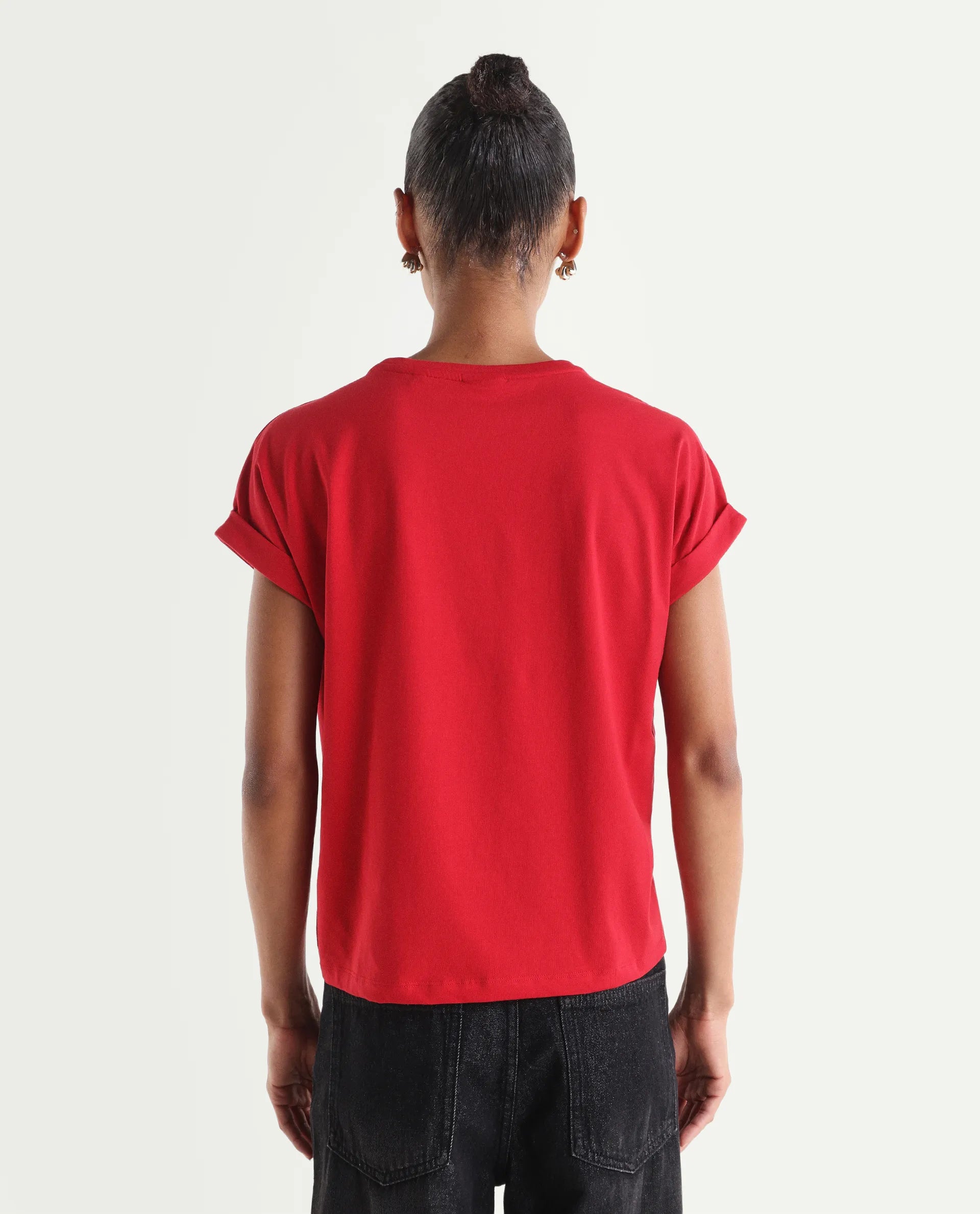 Rareism Women's Zurf Red Cotton Blend Half Sleeve Relaxed Fit Plain T-Shirt