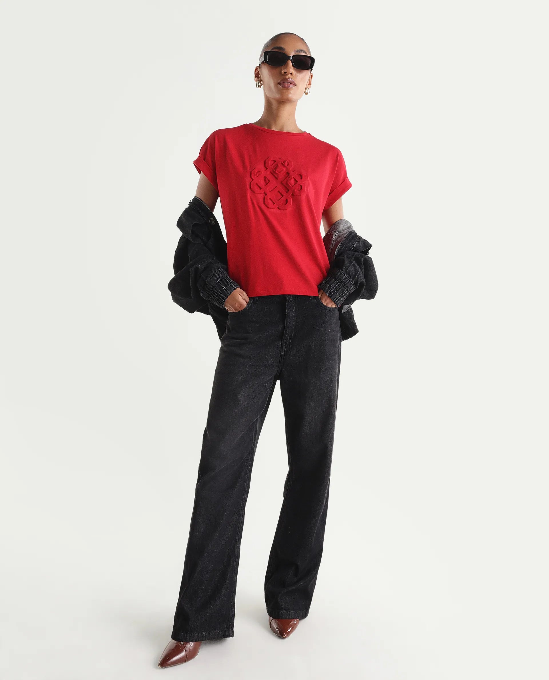 Rareism Women's Zurf Red Cotton Blend Half Sleeve Relaxed Fit Plain T-Shirt