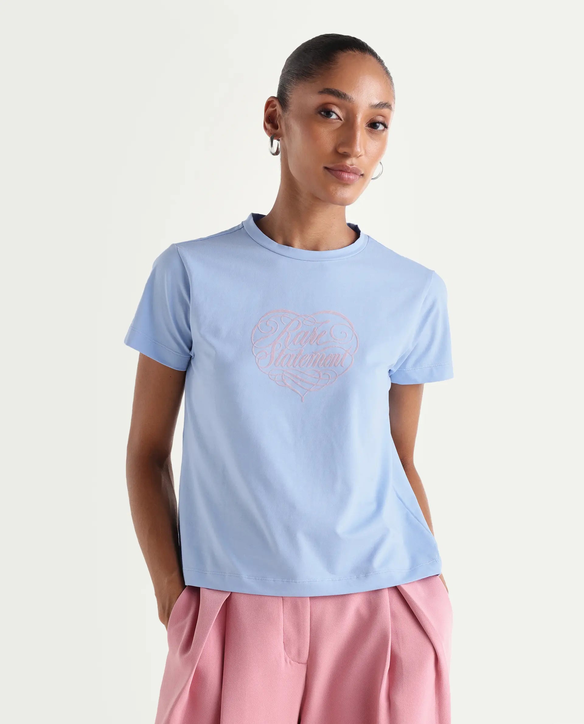 Rareism Women's Zeven Light Blue Cotton Blend Half Sleeve Regular Fit Flock Print T-Shirt