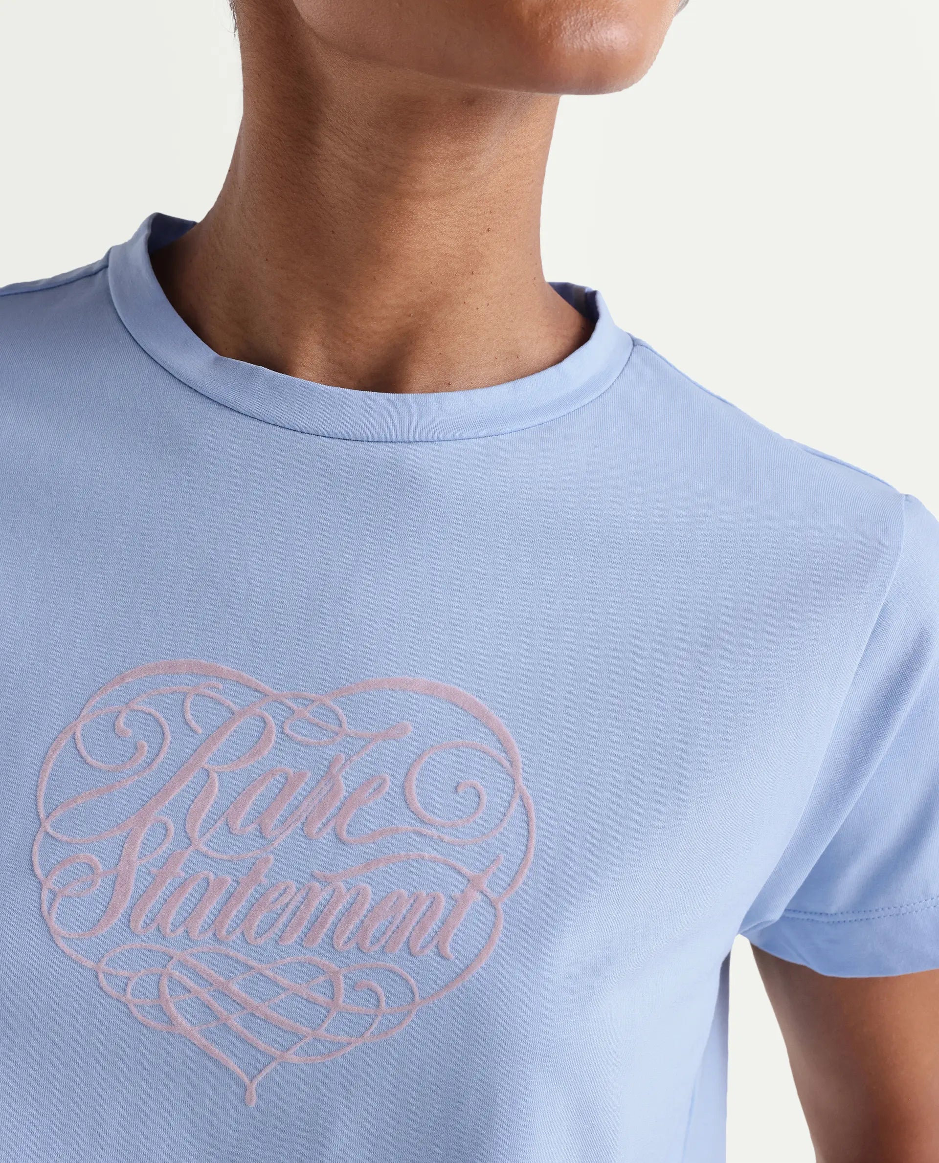 Rareism Women's Zeven Light Blue Cotton Blend Half Sleeve Regular Fit Flock Print T-Shirt