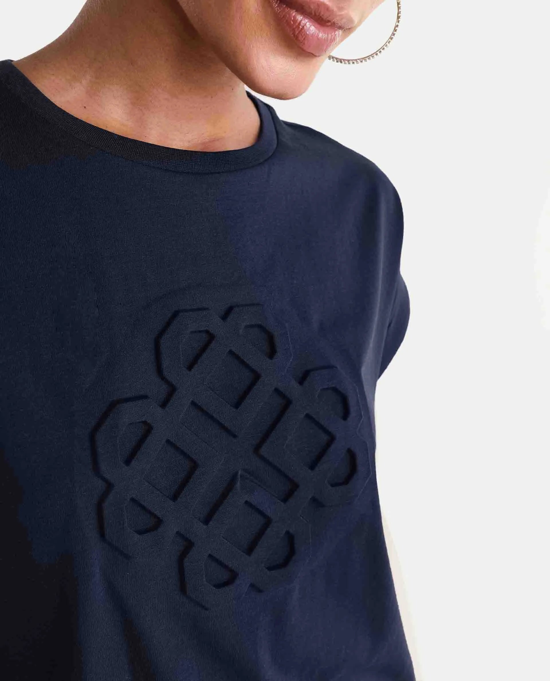 Rareism Women's Zurf Navy Cotton Blend Half Sleeve Relaxed Fit Plain T-Shirt