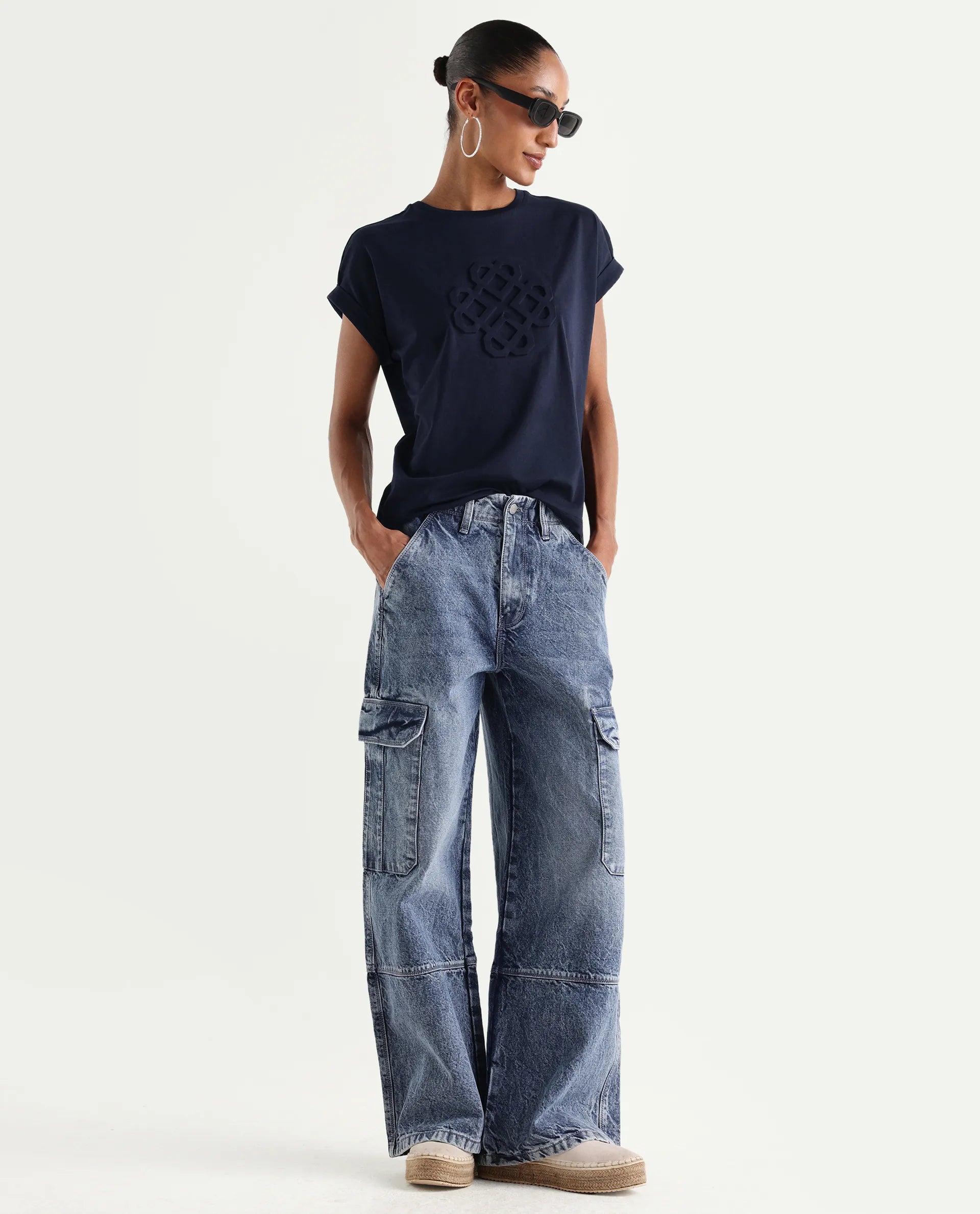 Rareism Women's Zurf Navy Cotton Blend Half Sleeve Relaxed Fit Plain T-Shirt