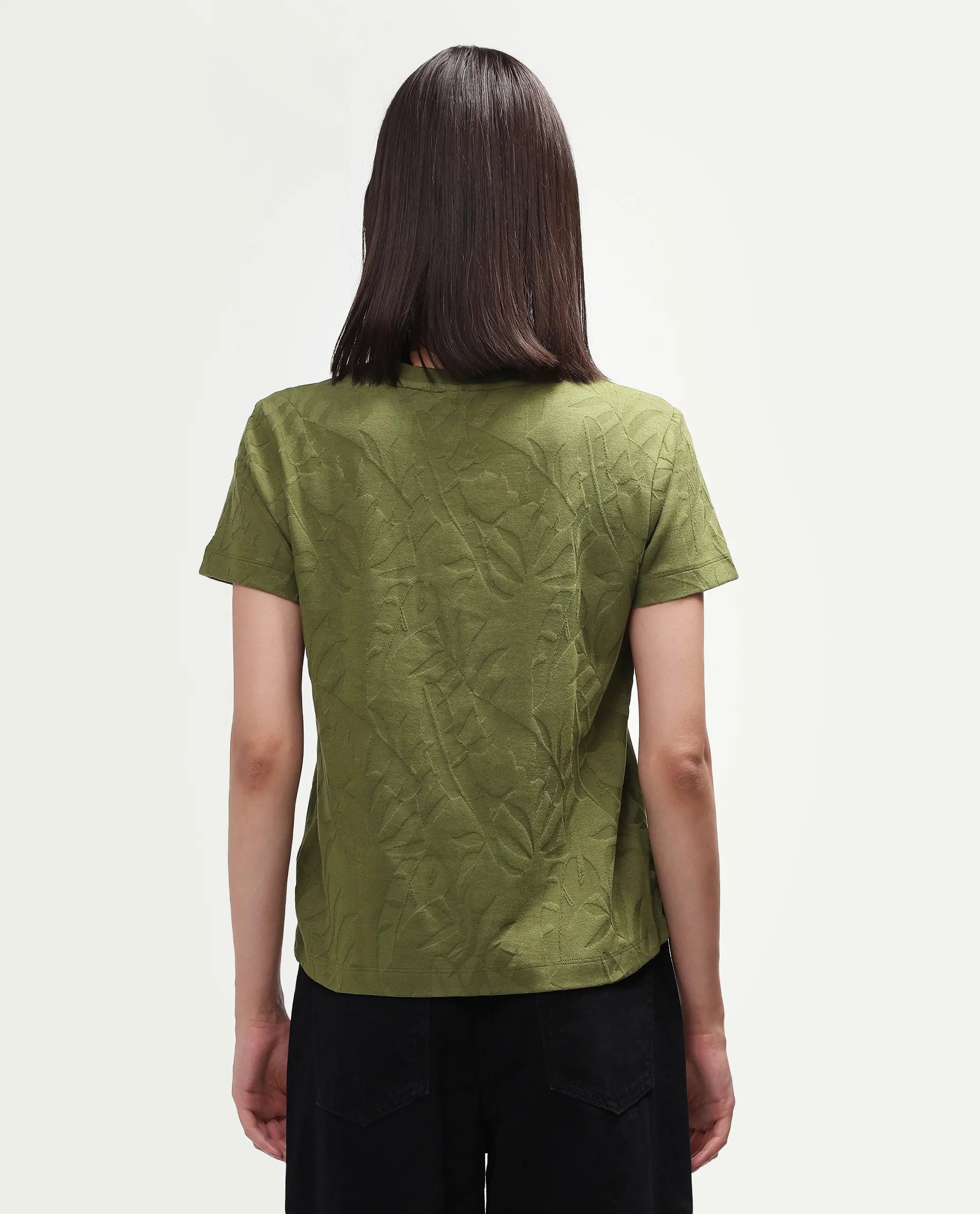 Rareism Women's Zurie Olive Cotton Blend Half Sleeve Crew Neck Regular Fit Jacquard T-Shirt