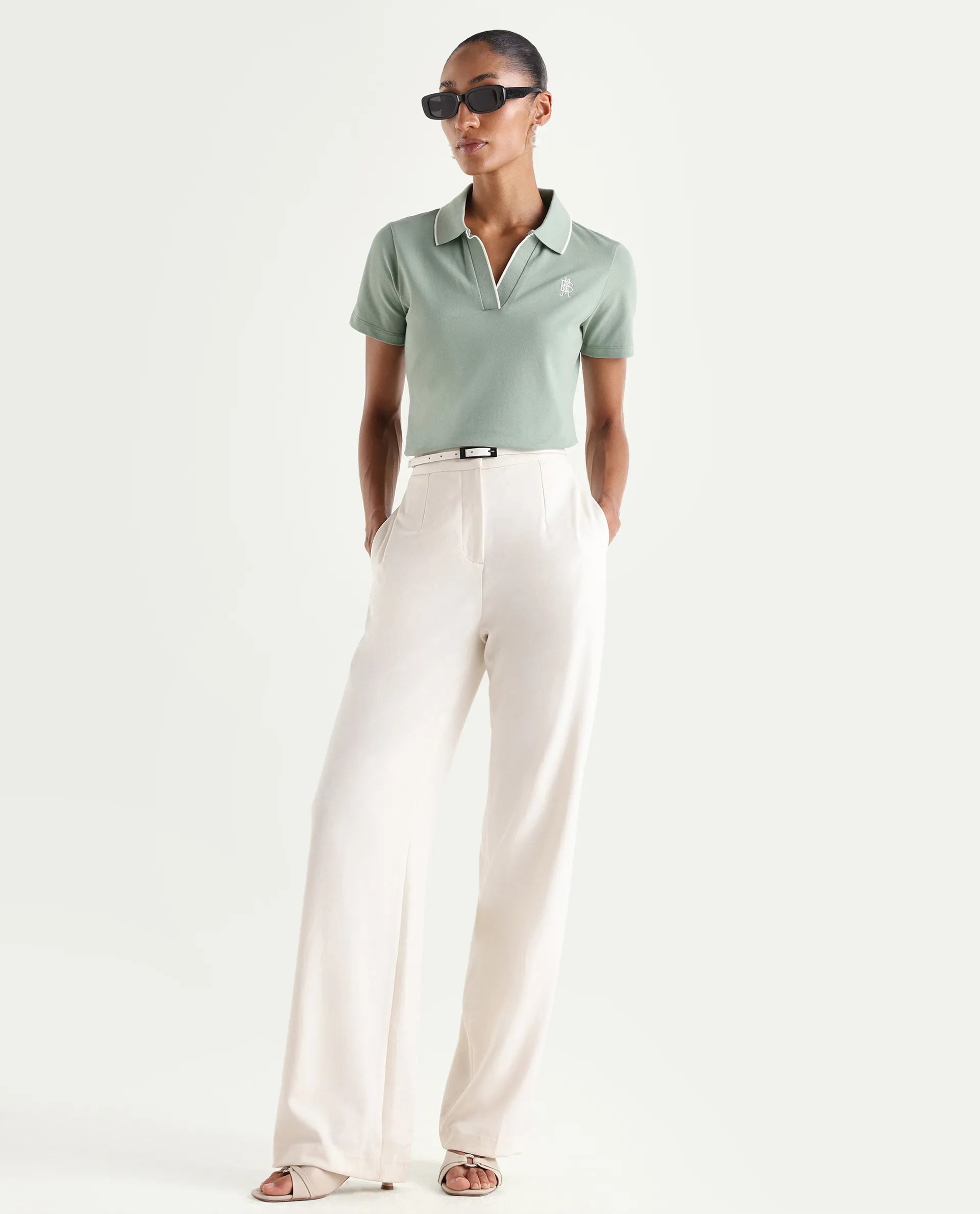 Rareism Women's Zeya Light Green Cotton Blend Half Sleeve Regular Fit Plain Polo