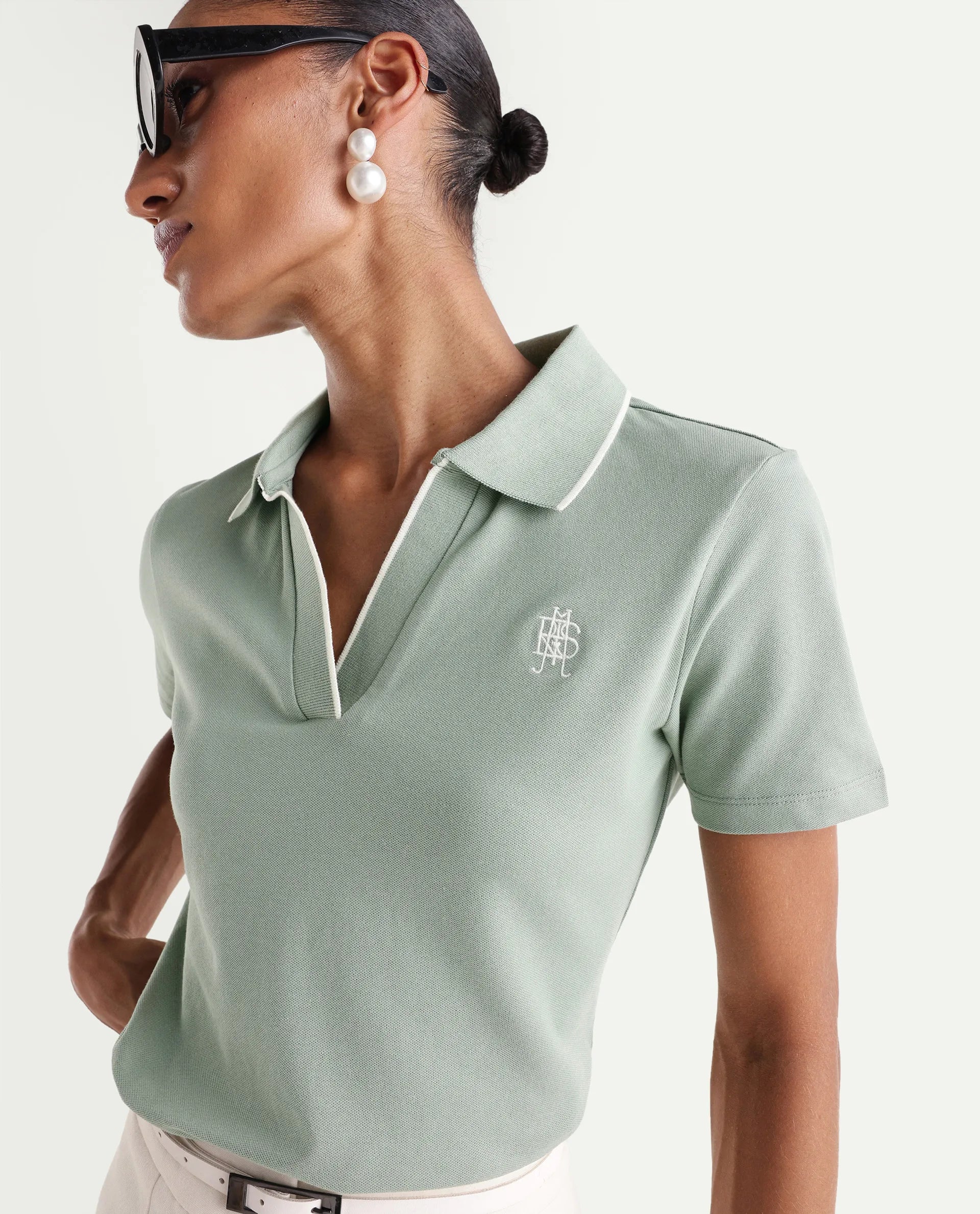 Rareism Women's Zeya Light Green Cotton Blend Half Sleeve Regular Fit Plain Polo