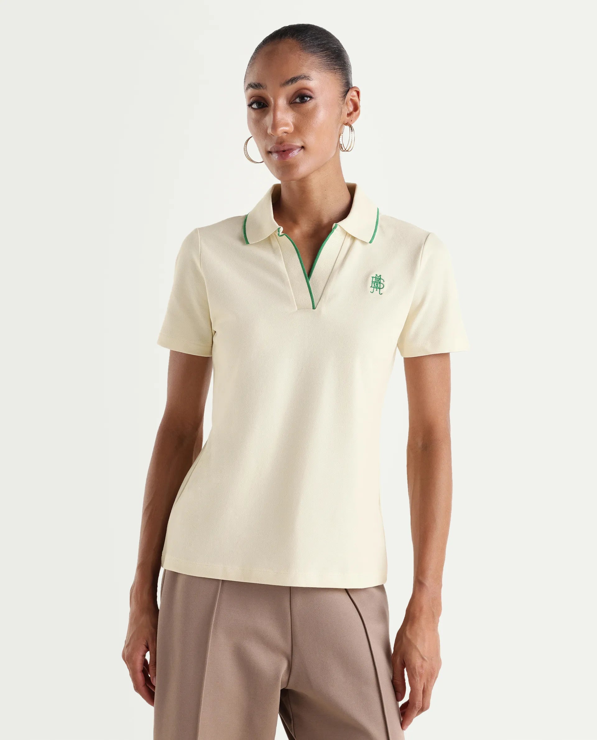 Rareism Women's Zeya Off White Cotton Blend Half Sleeve Regular Fit Plain Polo