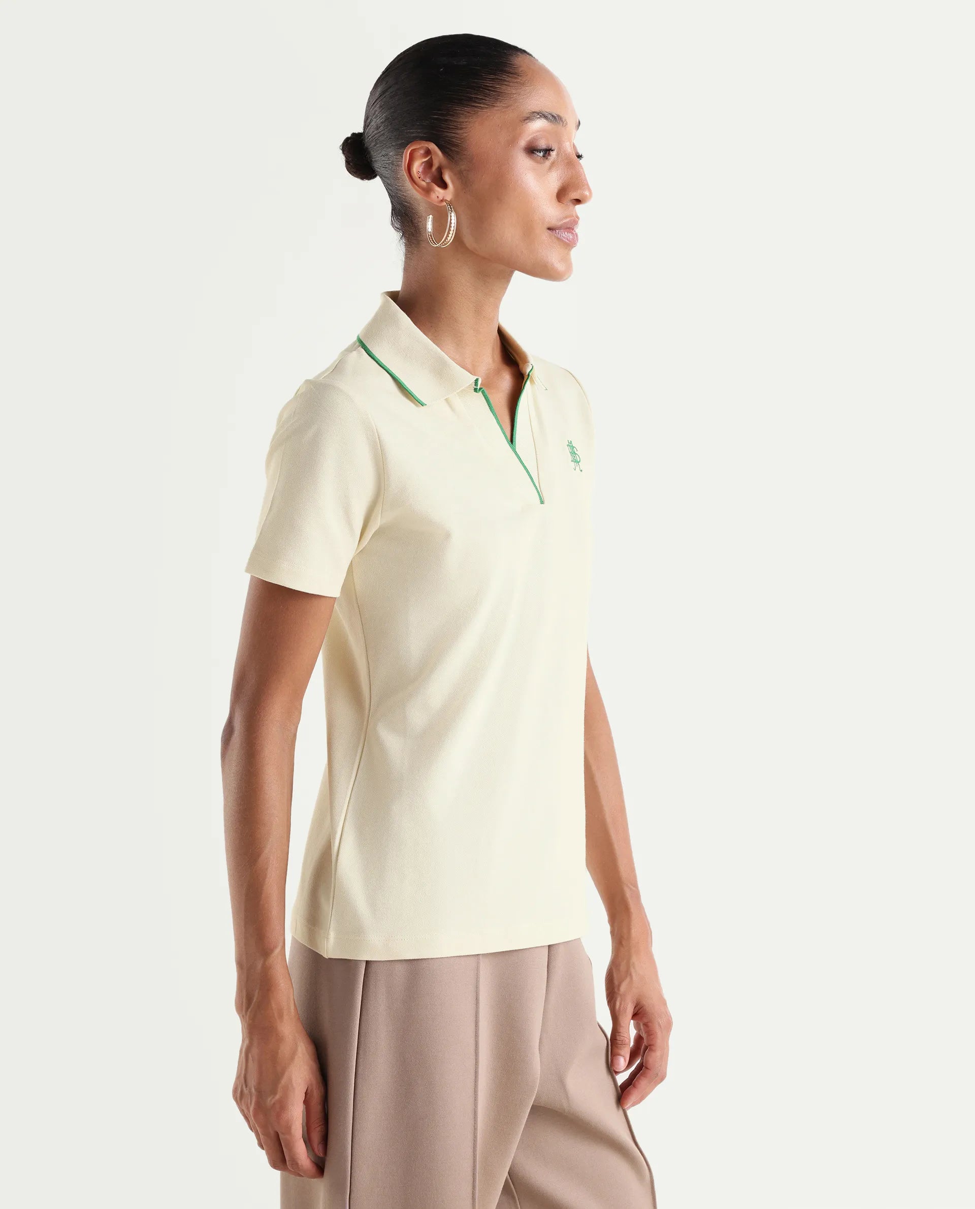 Rareism Women's Zeya Off White Cotton Blend Half Sleeve Regular Fit Plain Polo