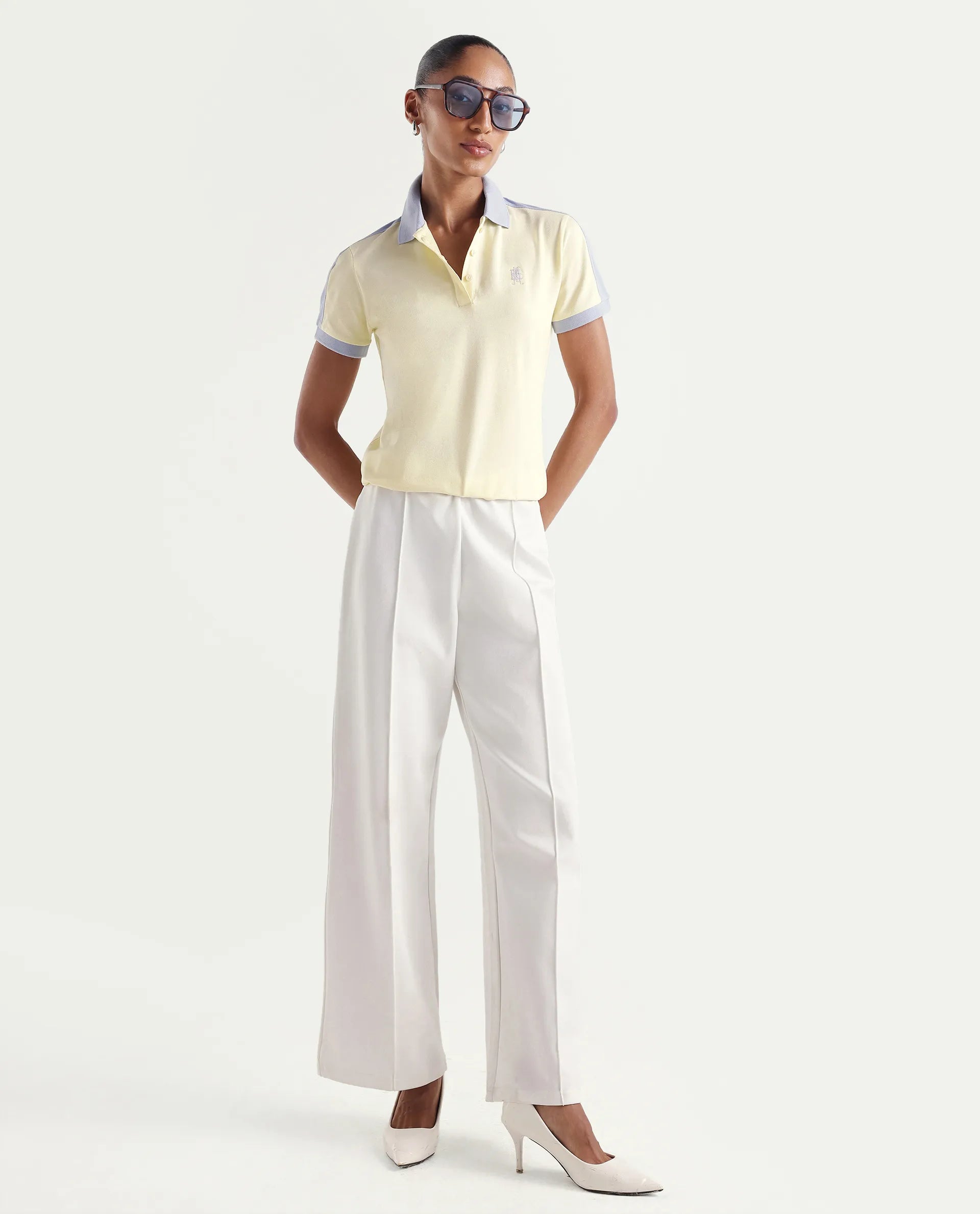 Rareism Women's Zeco Light Yellow Cotton Blend Half Sleeve Regular Fit Plain Polo