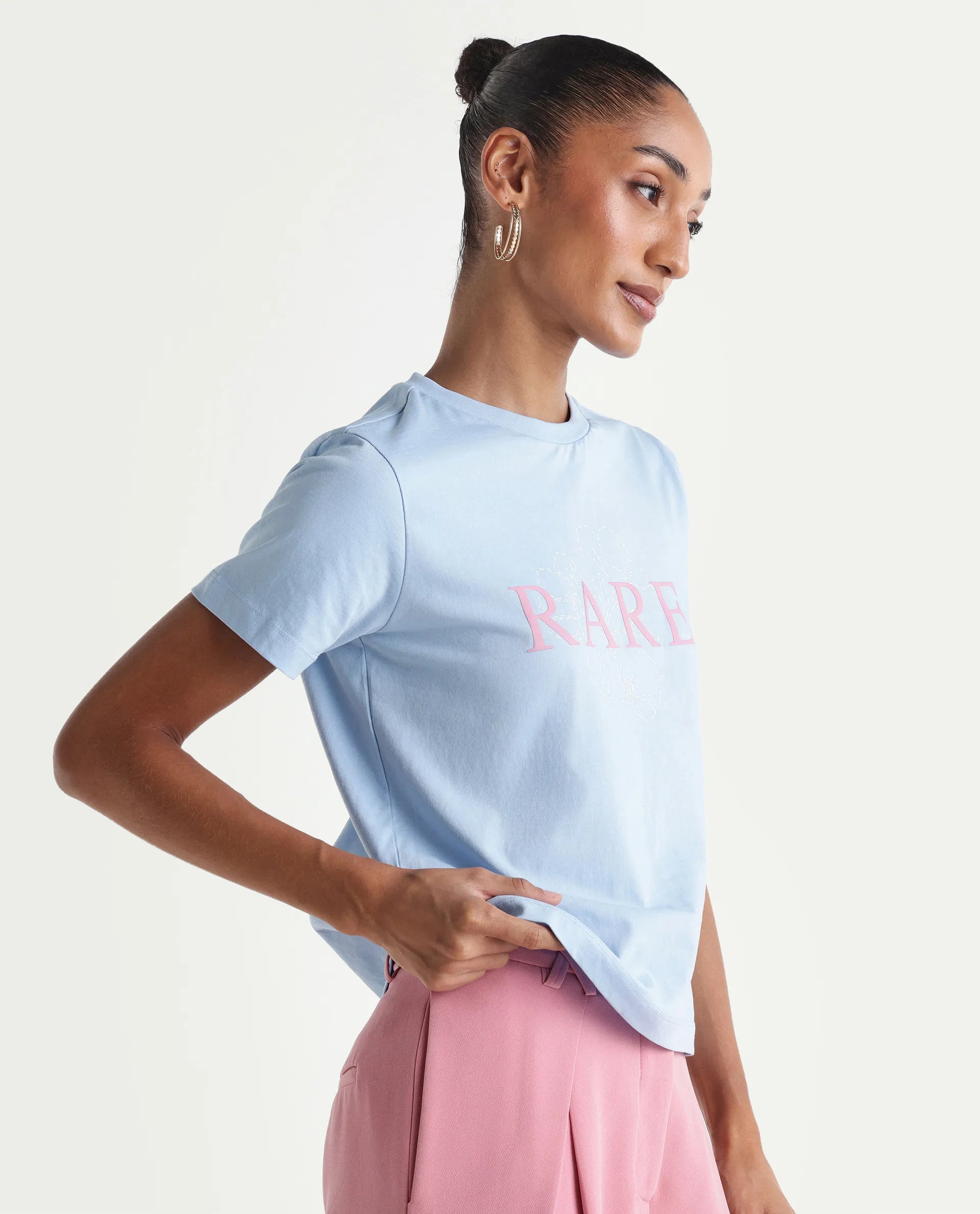Rareism Women's Zhane Light Blue Cotton Crew Neck Pull-On Regular Typography Print T-Shirt