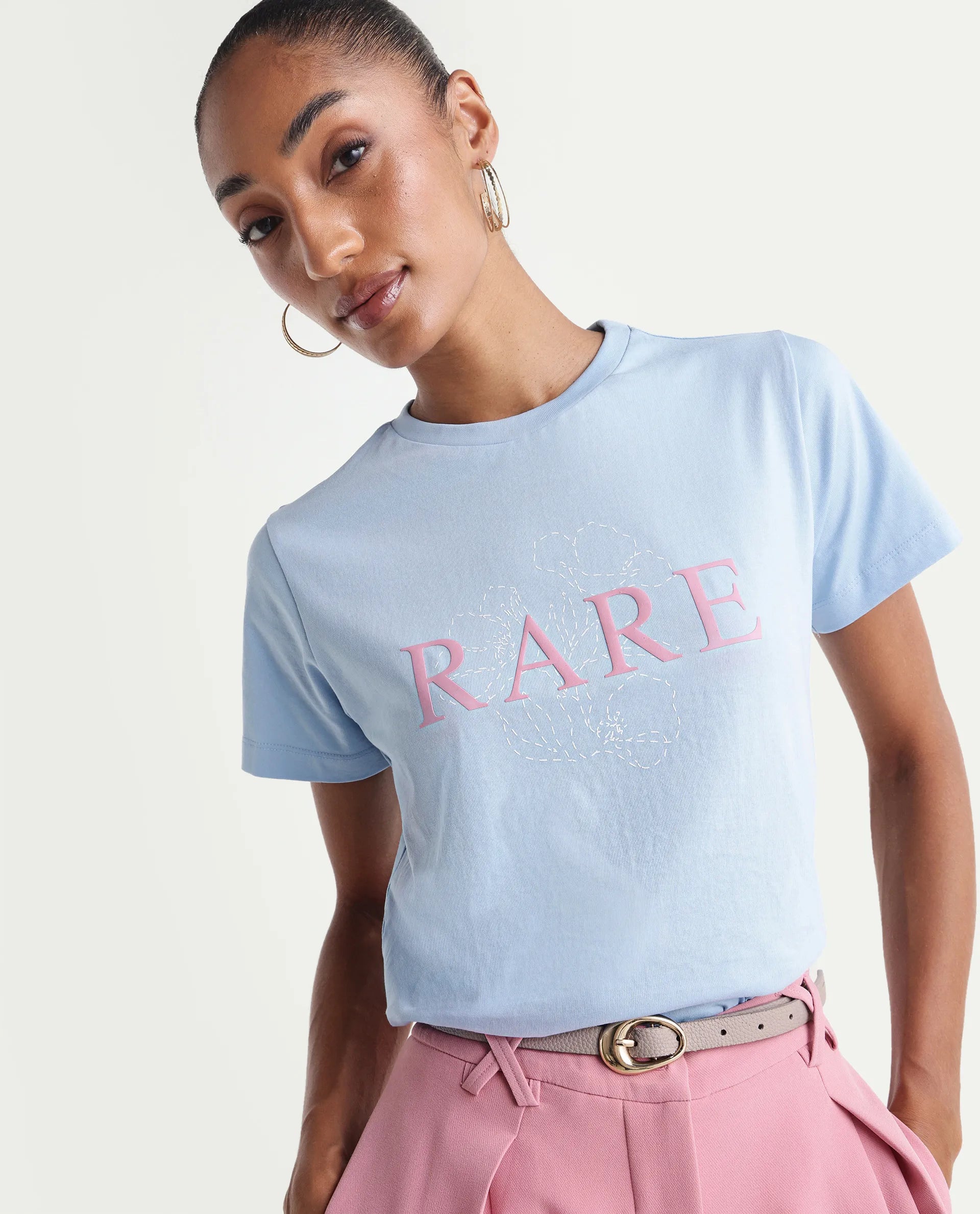 Rareism Women's Zhane Light Blue Cotton Crew Neck Pull-On Regular Typography Print T-Shirt