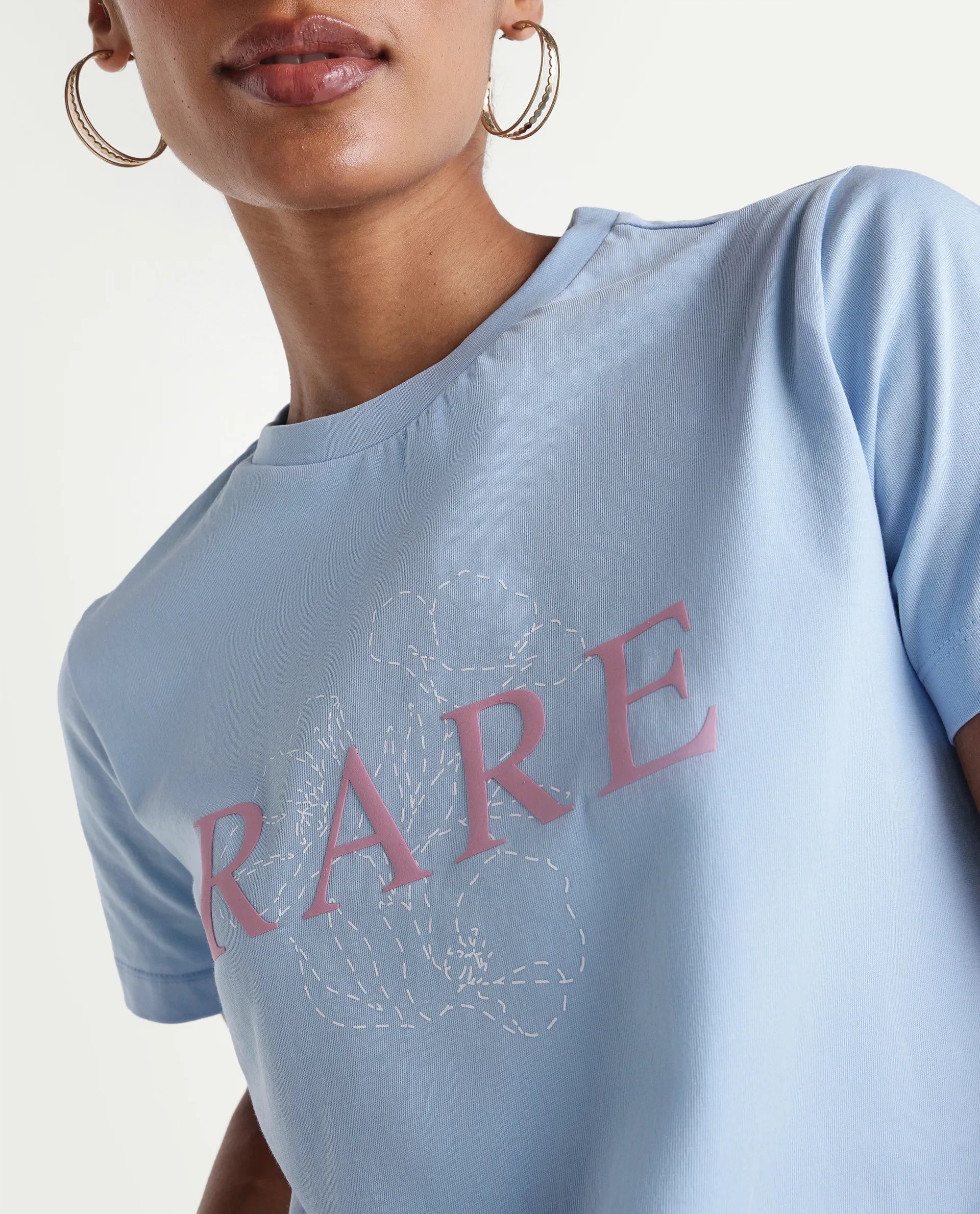 Rareism Women's Zhane Light Blue Cotton Crew Neck Pull-On Regular Typography Print T-Shirt