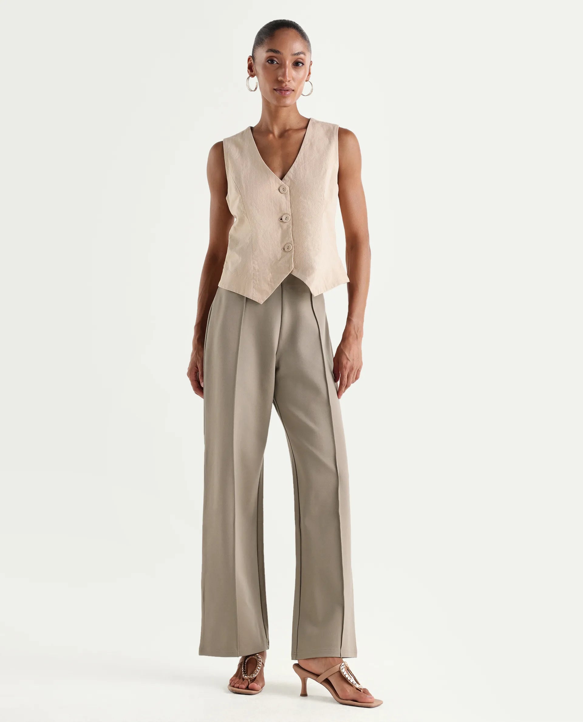 Rareism Women's Jancura-S26 Beige Viscose Blend Relaxed Fit Plain Trouser