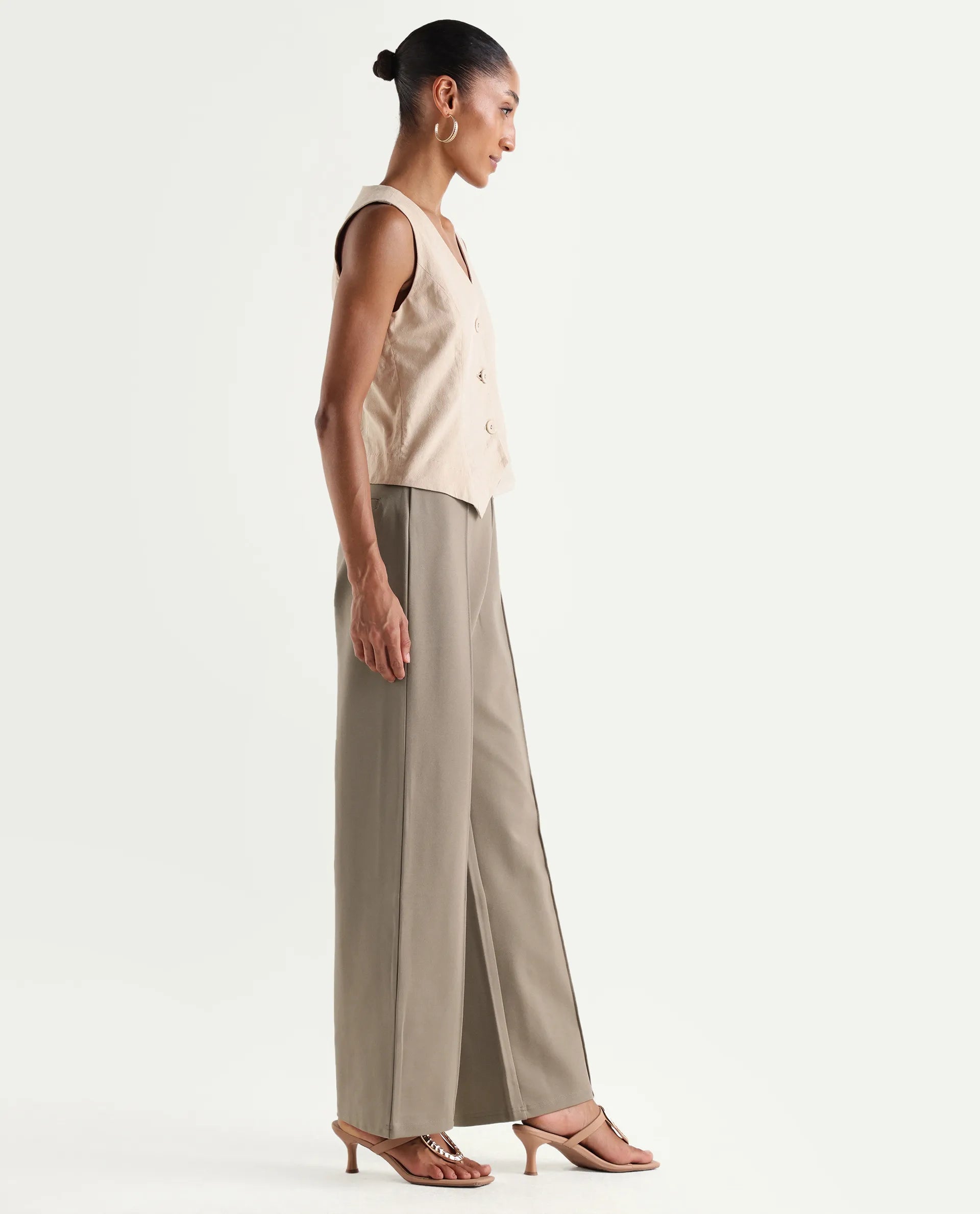Rareism Women's Jancura-S26 Beige Viscose Blend Relaxed Fit Plain Trouser