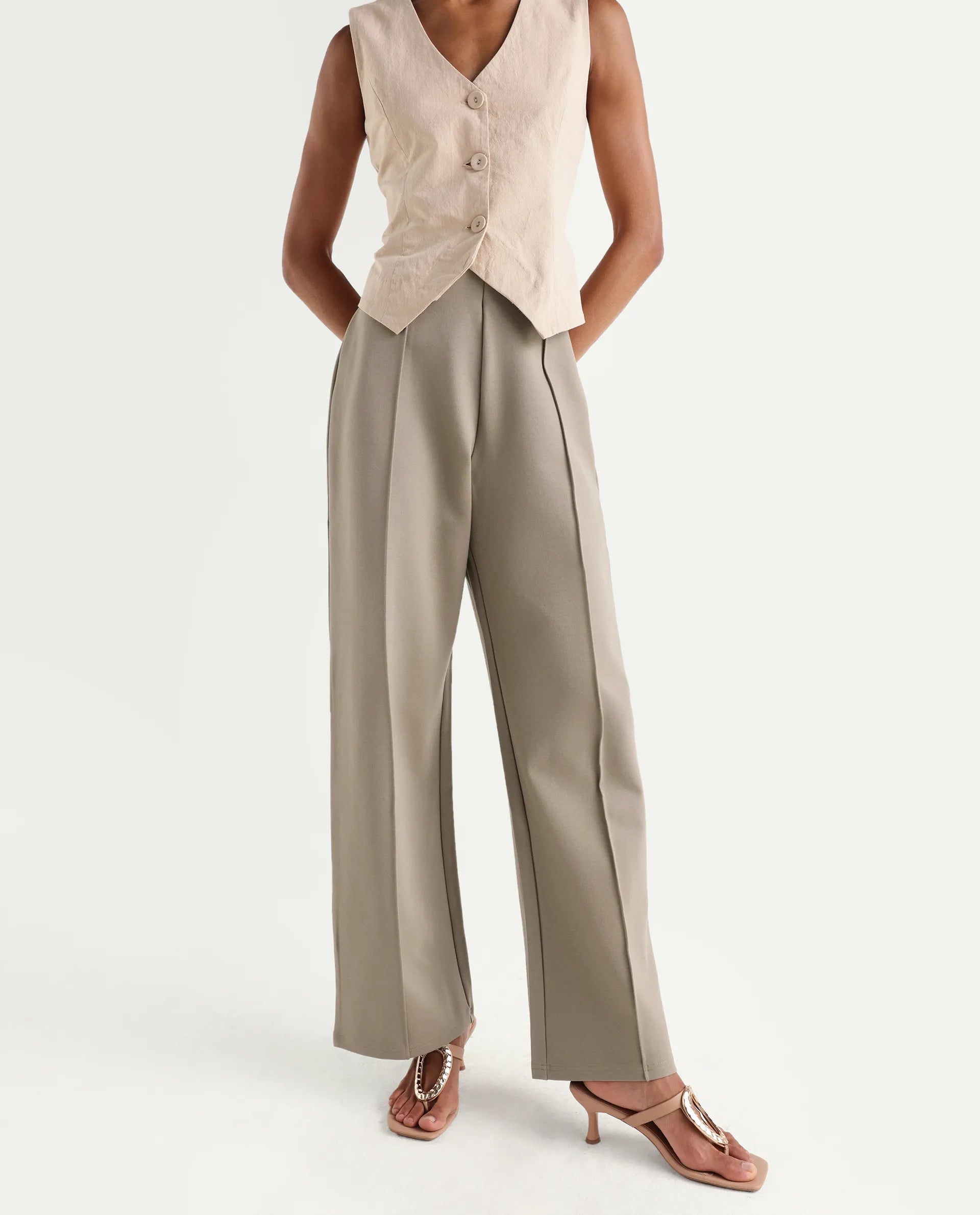 Rareism Women's Jancura-S26 Beige Viscose Blend Relaxed Fit Plain Trouser