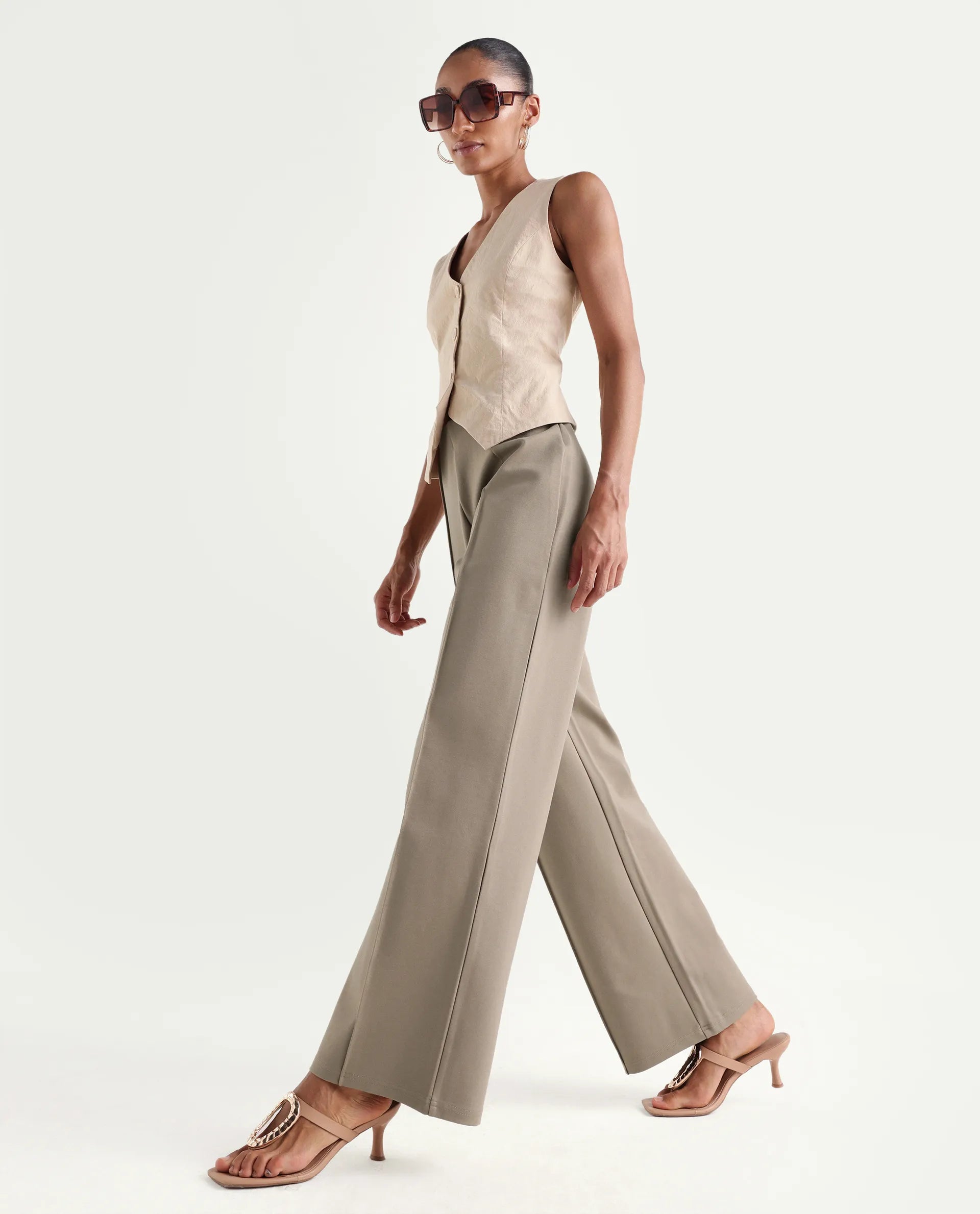 Rareism Women's Jancura-S26 Beige Viscose Blend Relaxed Fit Plain Trouser