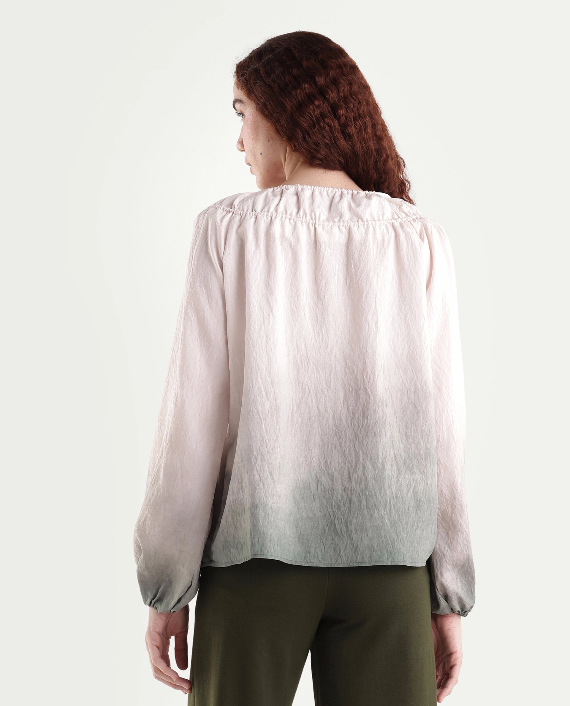 Rareism Women's Aelus Olive Viscose Blend Full Sleeve Regular Fit Ombre Print Top
