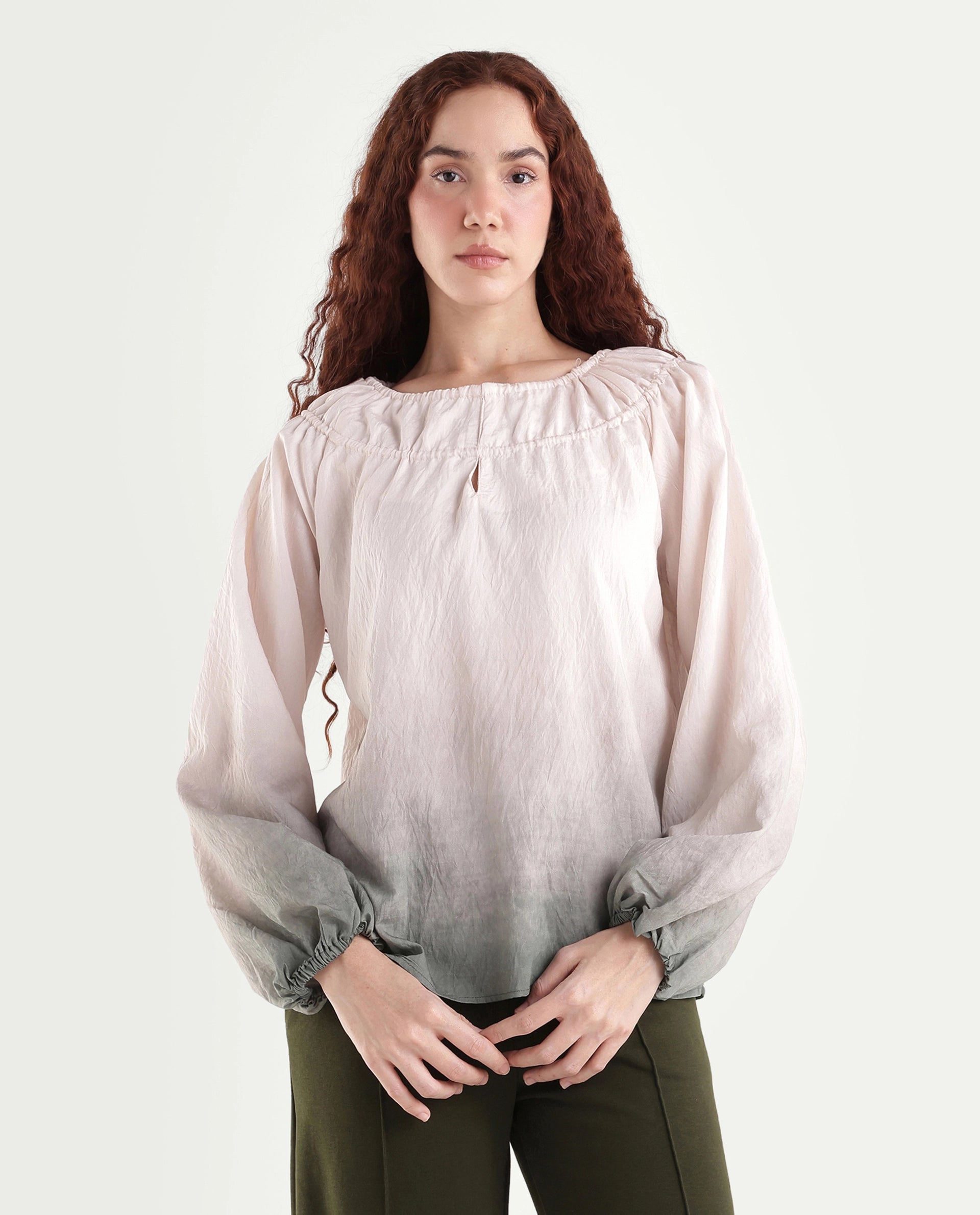 Rareism Women's Aelus Olive Viscose Blend Full Sleeve Regular Fit Ombre Print Top