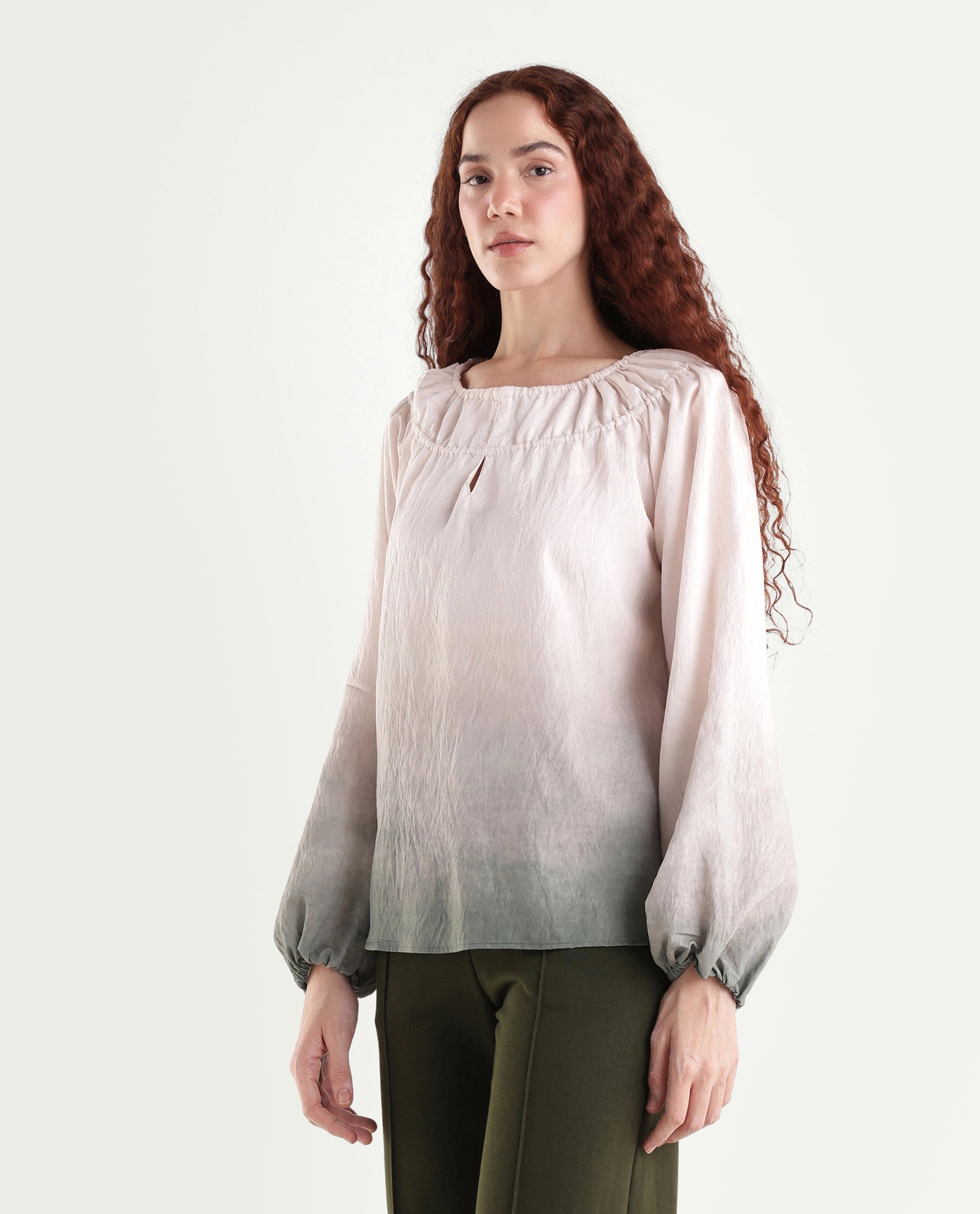 Rareism Women's Aelus Olive Viscose Blend Full Sleeve Regular Fit Ombre Print Top