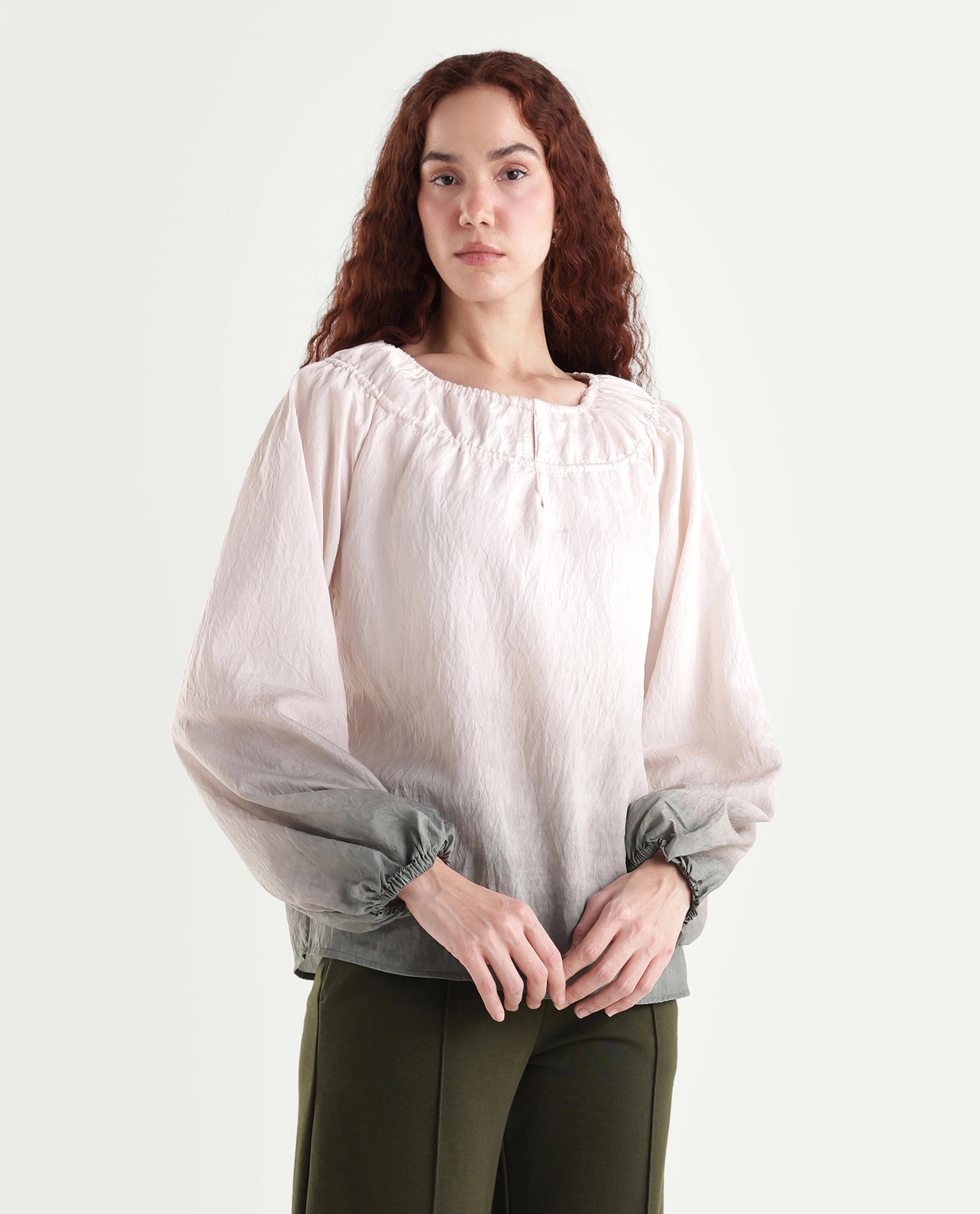 Rareism Women's Aelus Olive Viscose Blend Full Sleeve Regular Fit Ombre Print Top