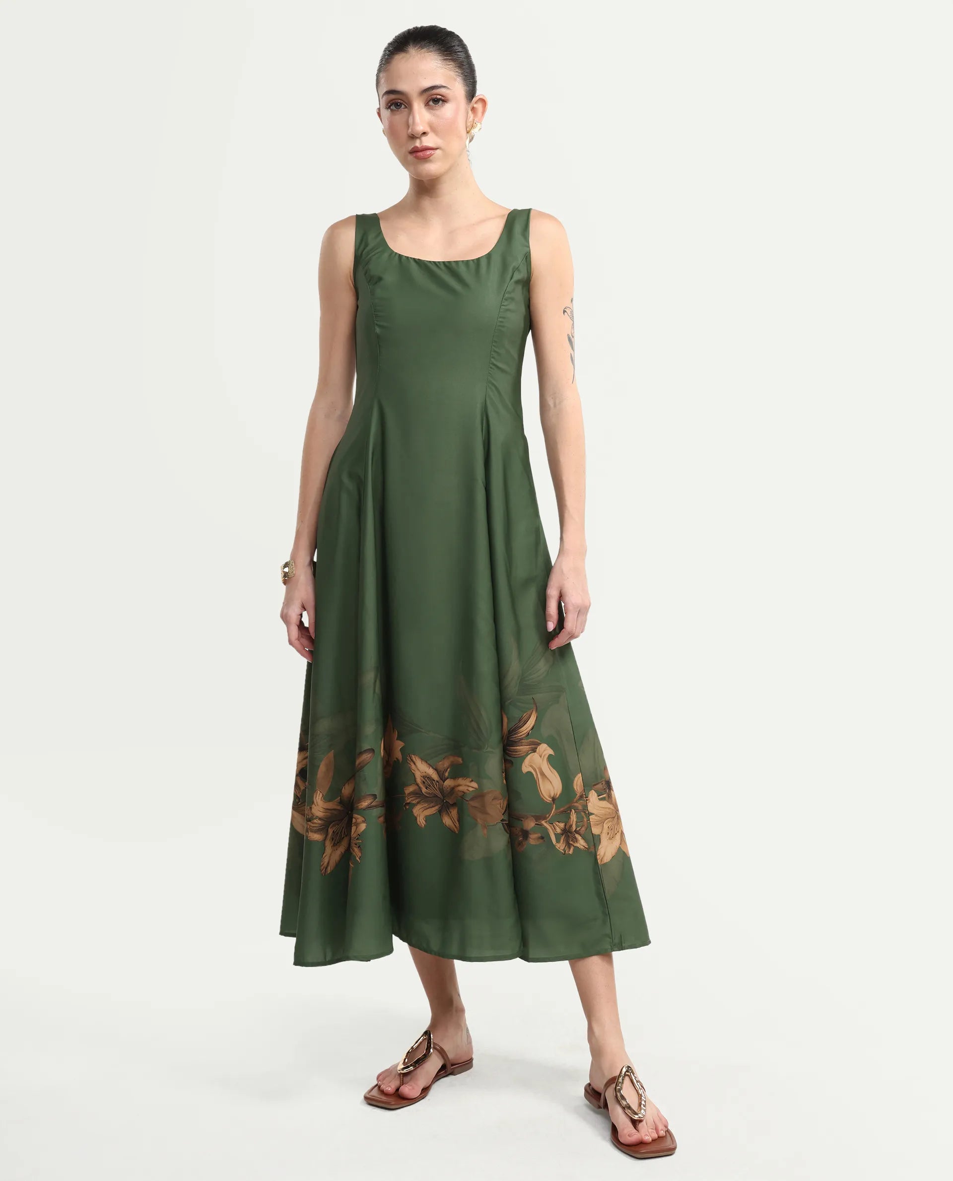 Rareism Women's Aeria Olive Polyester Sleeveless Fit And Flare Floral Print Dress