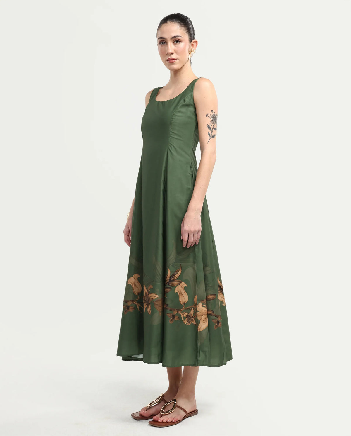 Rareism Women's Aeria Olive Polyester Sleeveless Fit And Flare Floral Print Dress