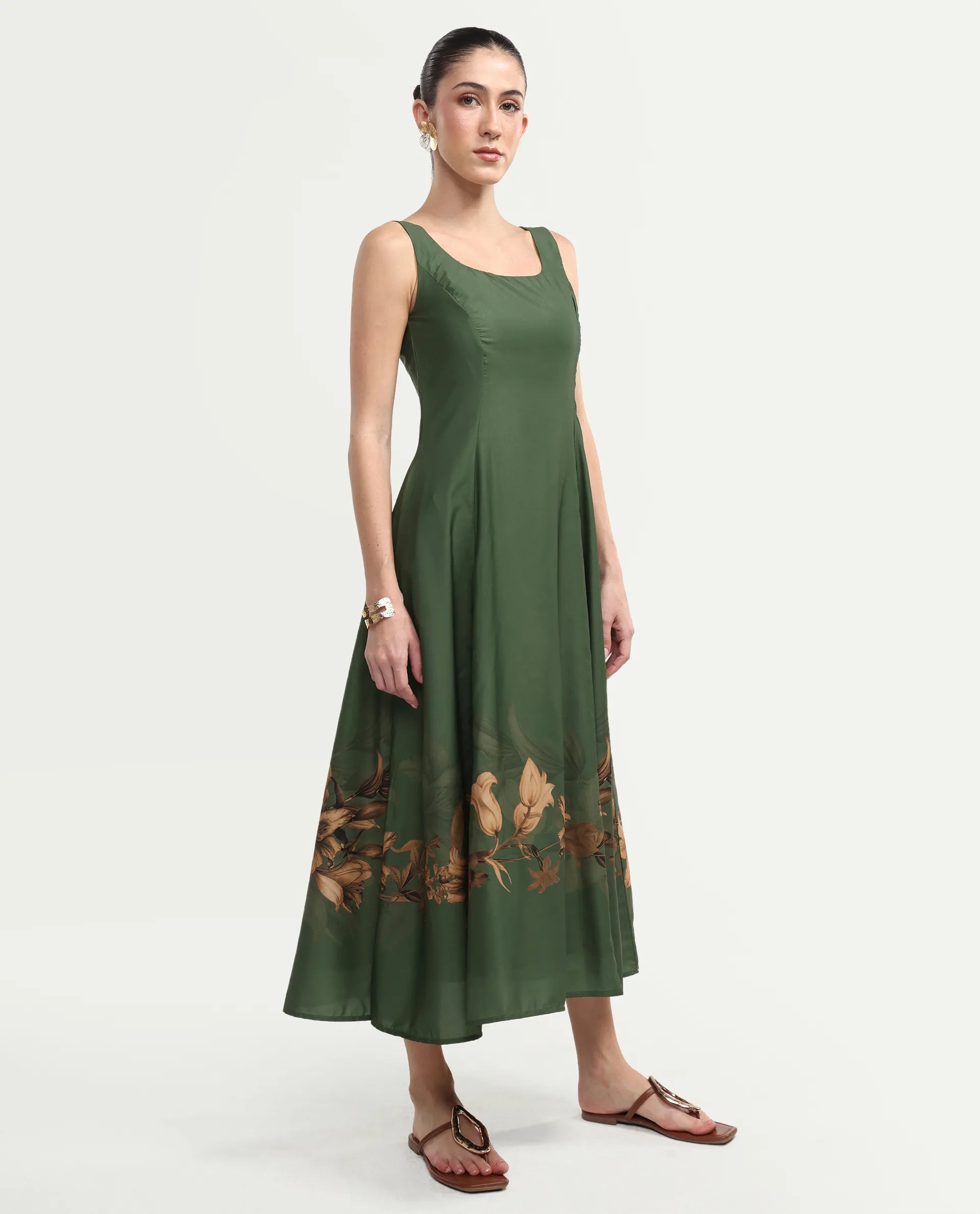 Rareism Women's Aeria Olive Polyester Sleeveless Fit And Flare Floral Print Dress