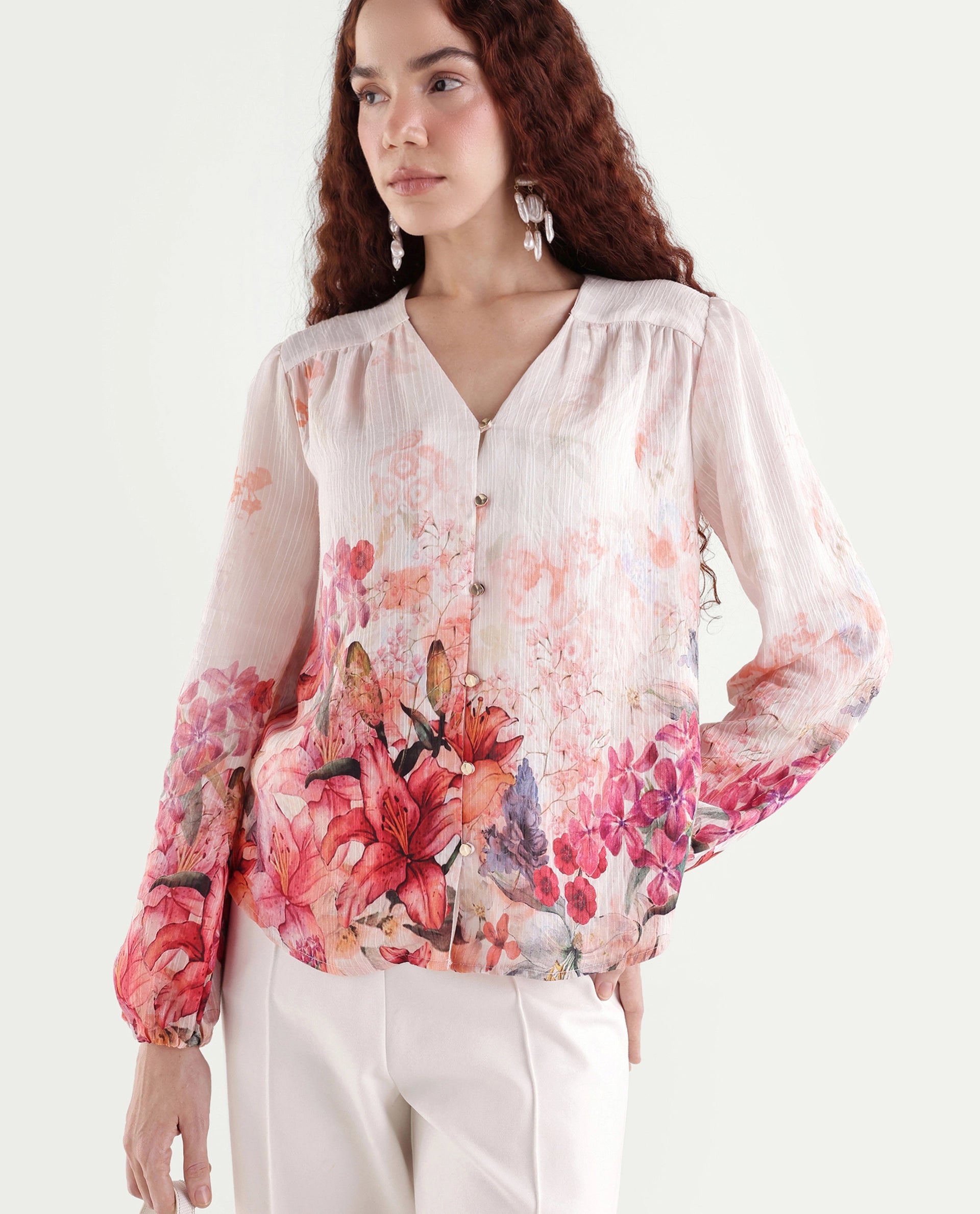 Rareism Women's Aerit Multi Viscose Blend Full Sleeve Regular Fit Floral Print Top