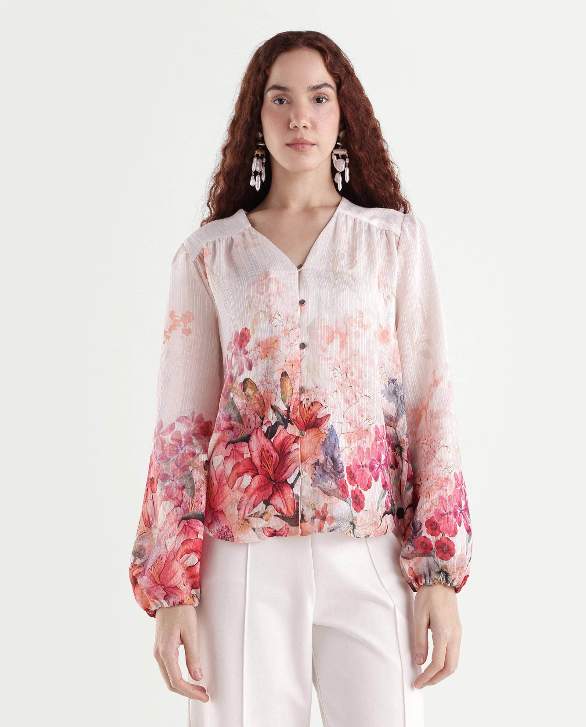 Rareism Women's Aerit Multi Viscose Blend Full Sleeve Regular Fit Floral Print Top