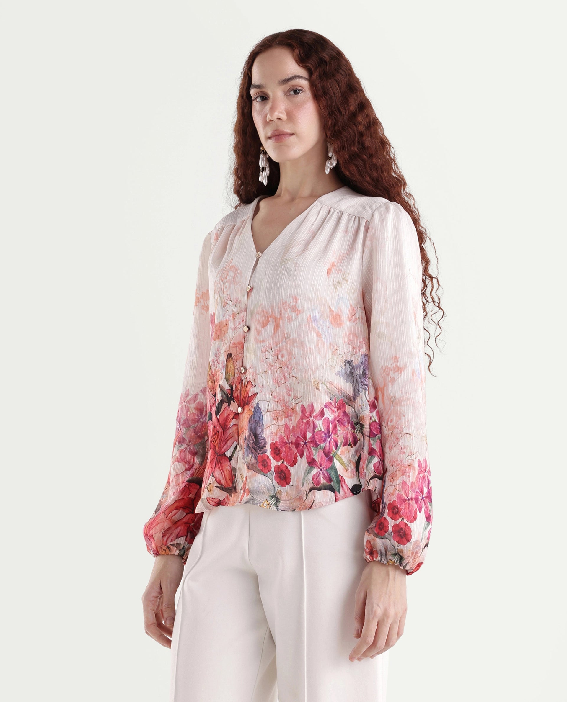 Rareism Women's Aerit Multi Viscose Blend Full Sleeve Regular Fit Floral Print Top