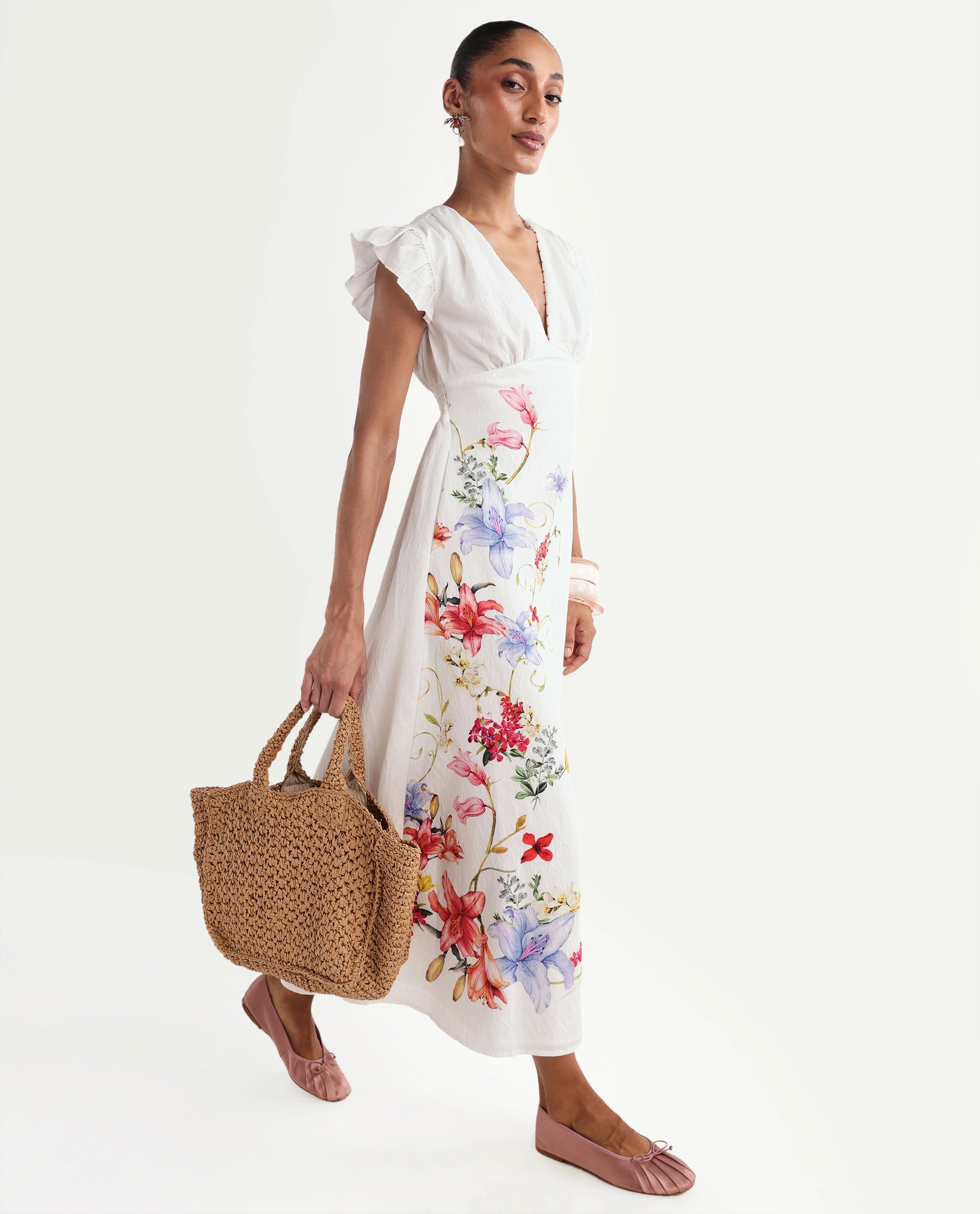 Rareism Women's Aglow Off White Viscose Blend Half Sleeve Fit And Flare Floral Print Dress
