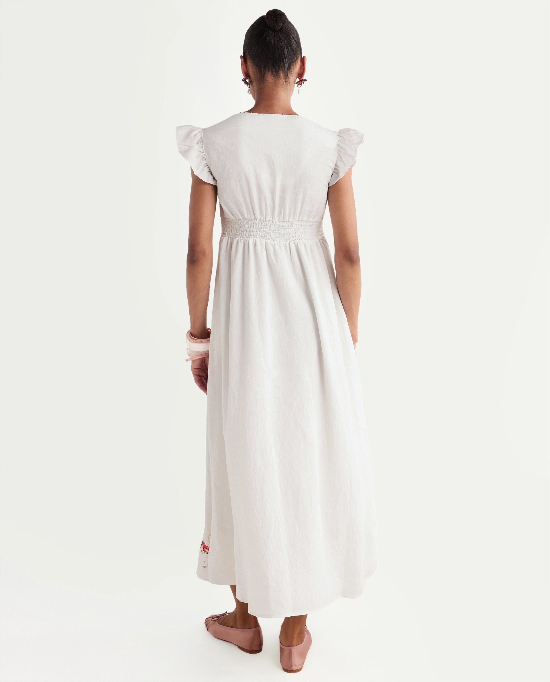 Rareism Women's Aglow Off White Viscose Blend Half Sleeve Fit And Flare Floral Print Dress