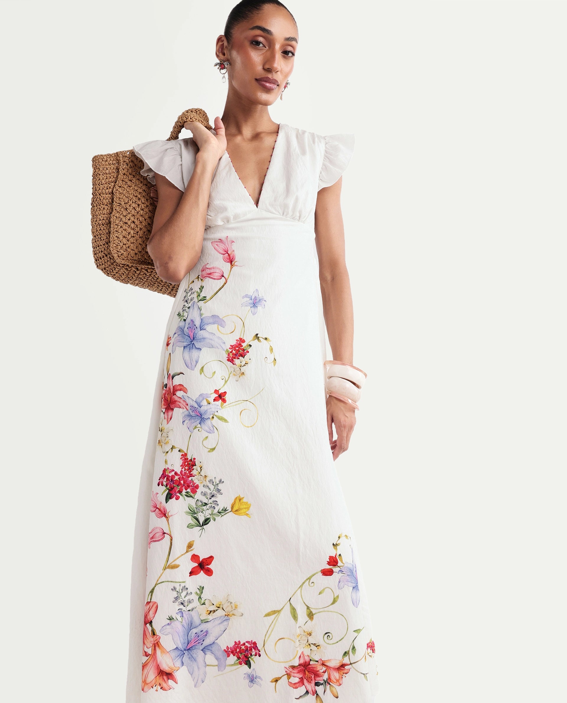 Rareism Women's Aglow Off White Viscose Blend Half Sleeve Fit And Flare Floral Print Dress