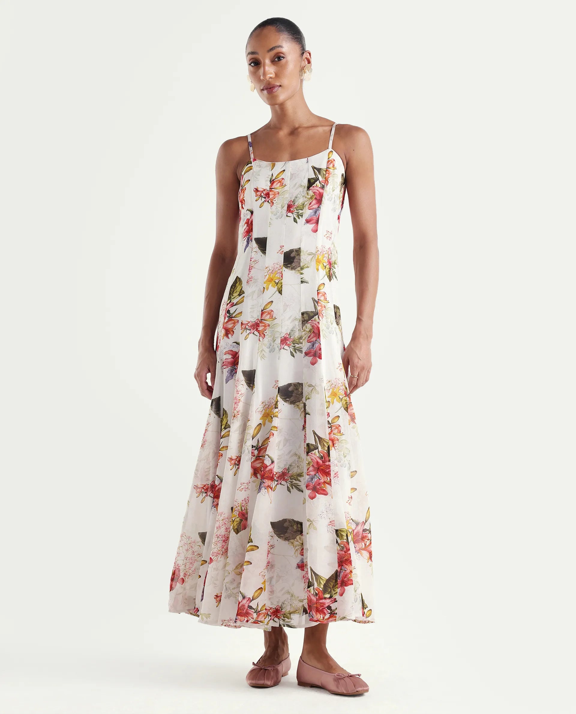 Rareism Women's Ailsa Off White Viscose Blend Sleeveless Fit And Flare Floral Print Dress