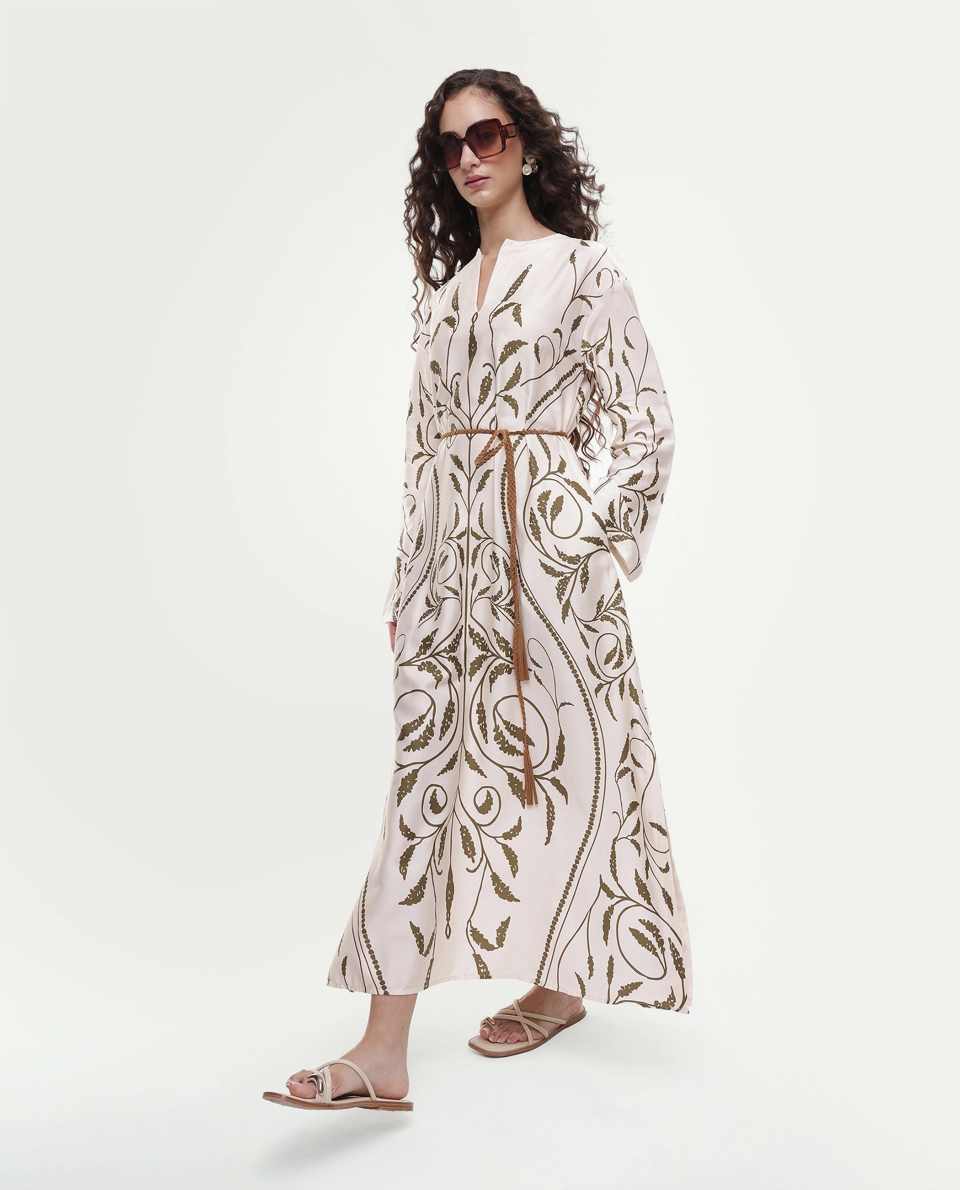 Rareism Women's Anin Beige Floral Cotton Blend A-Line Full Sleeve Dress