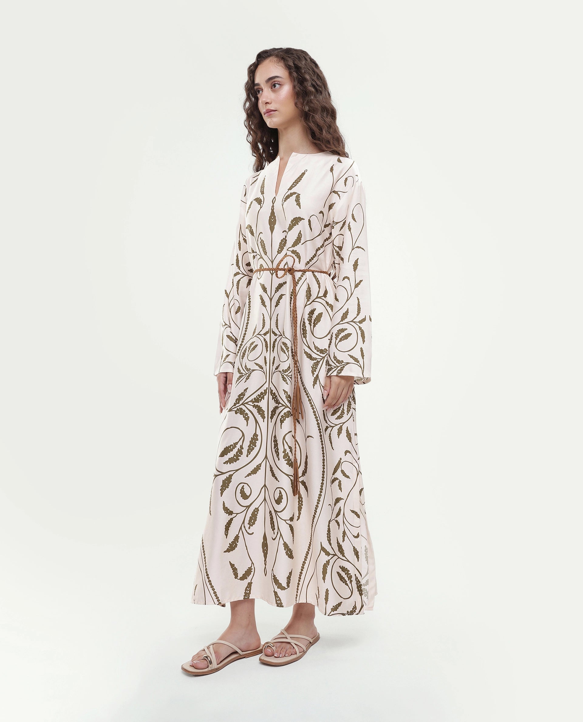 Rareism Women's Anin Beige Floral Cotton Blend A-Line Full Sleeve Dress