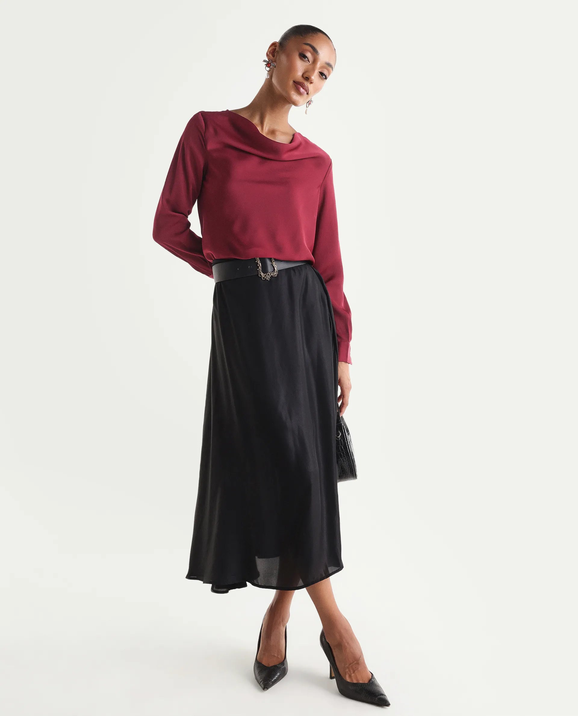 Rareism Women's Avier Dark Red Polyester Full Sleeve Cowl Neck Regular Fit Plain Top