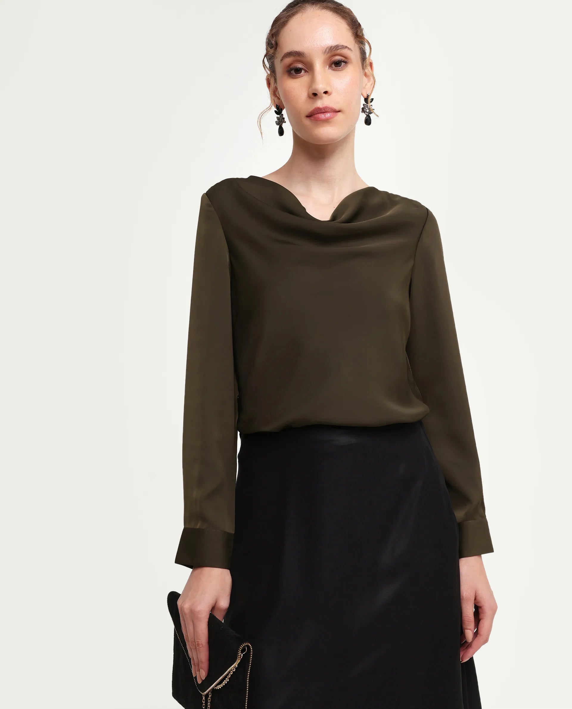 Rareism Women's Avier Olive Polyester Full Sleeve Cowl Neck Regular Fit Plain Top