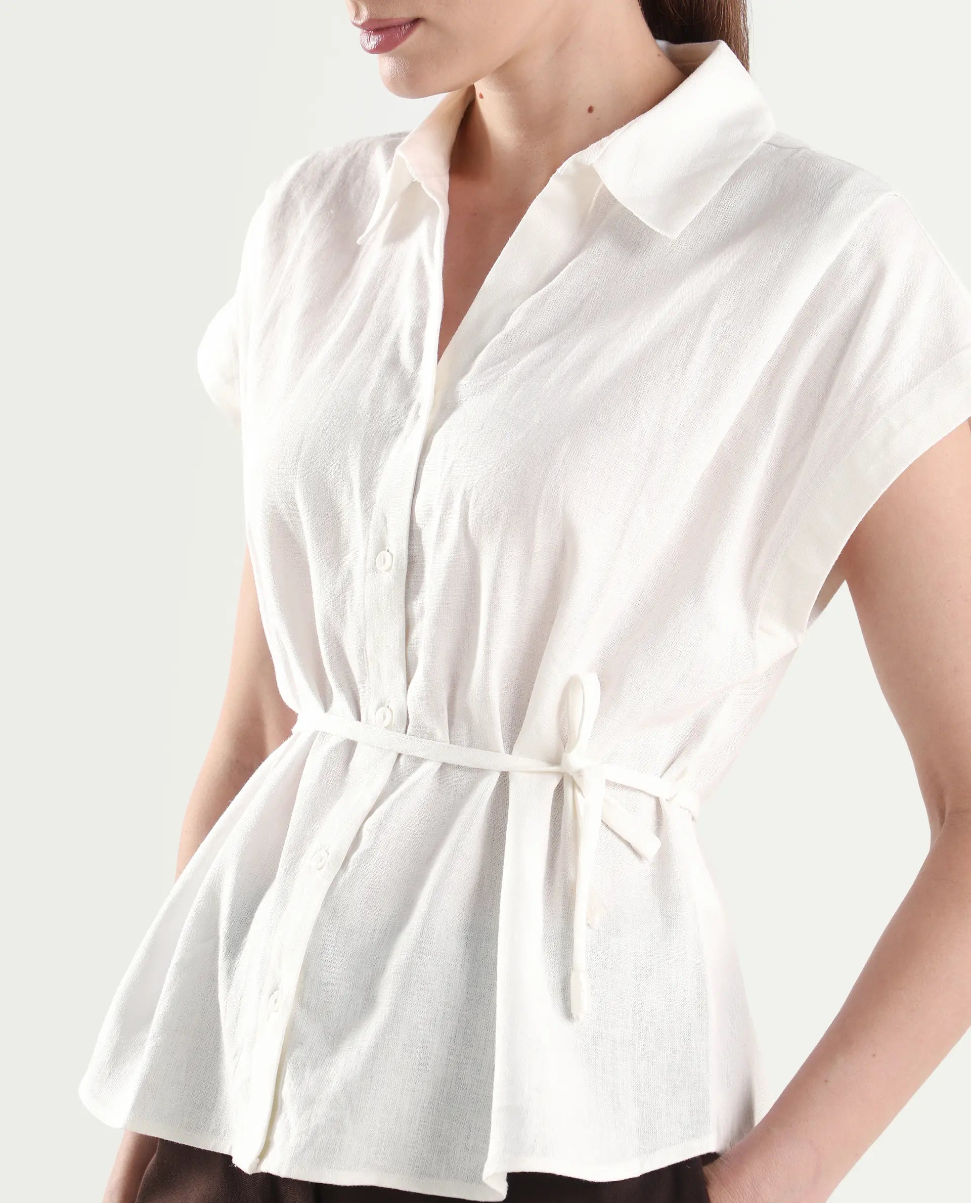 Rareism Women's Caes White Linen Blend Half Sleeve Boxy Plain Top