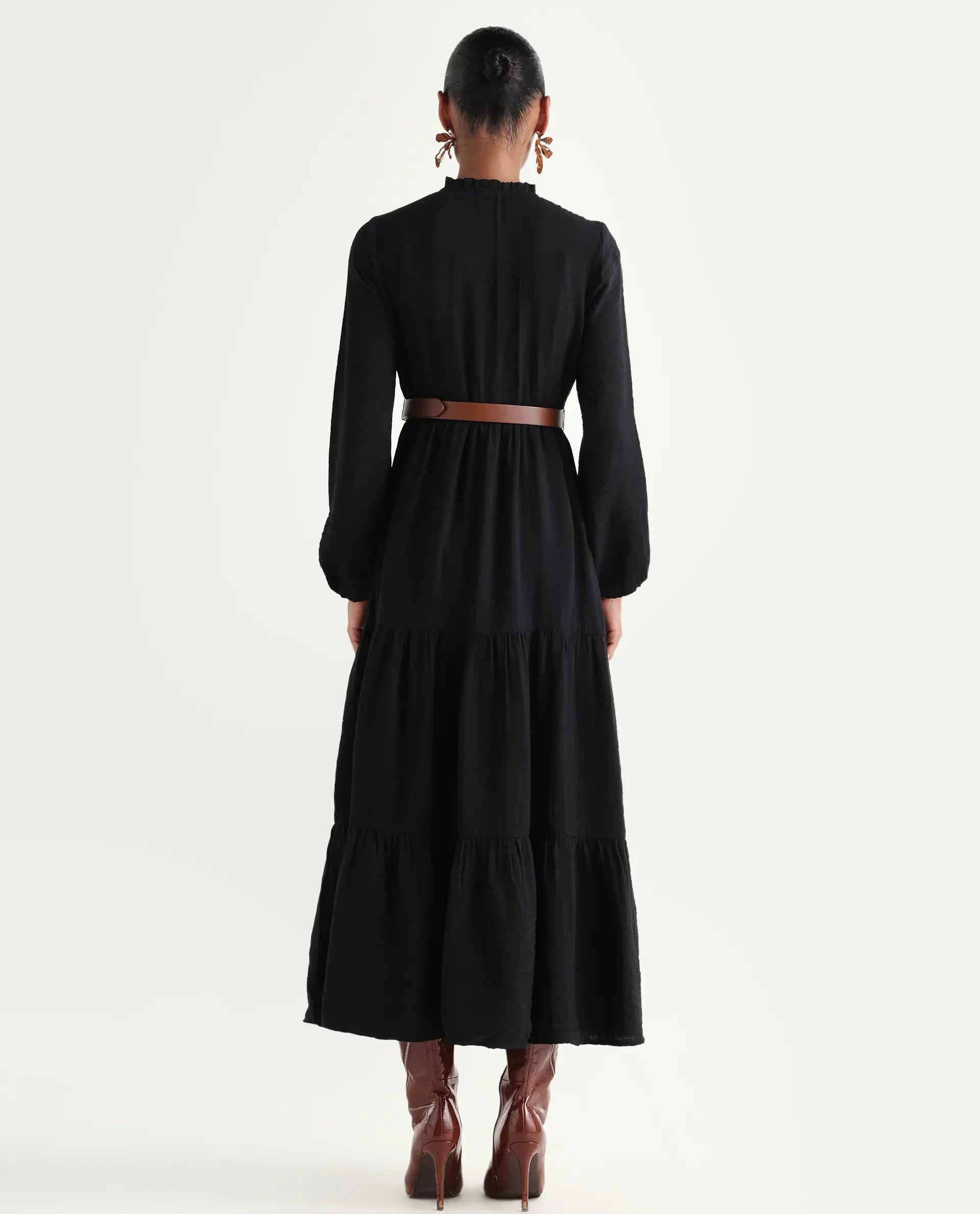 Rareism Women's Carlia Black Viscose Blend Full Sleeve Flared Plain Dress