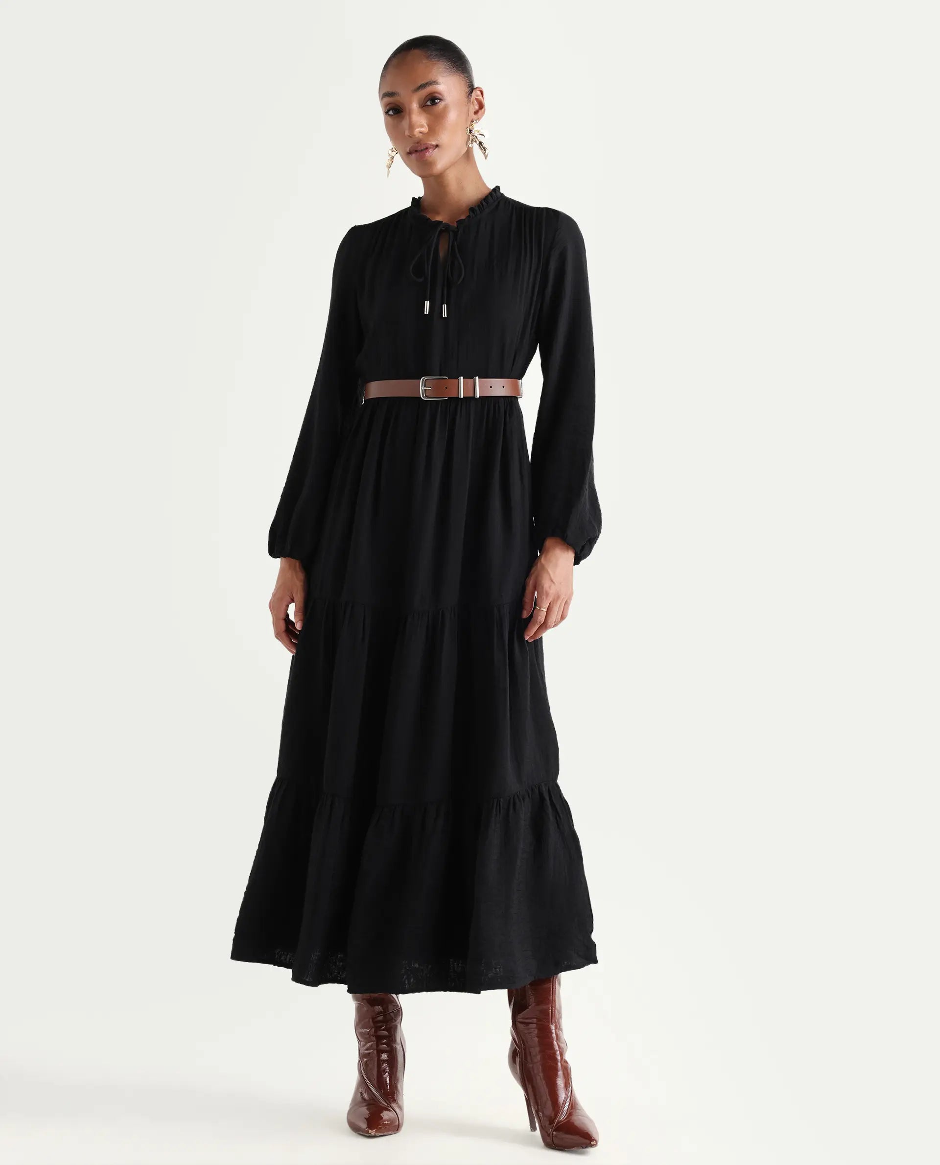 Rareism Women's Carlia Black Viscose Blend Full Sleeve Flared Plain Dress
