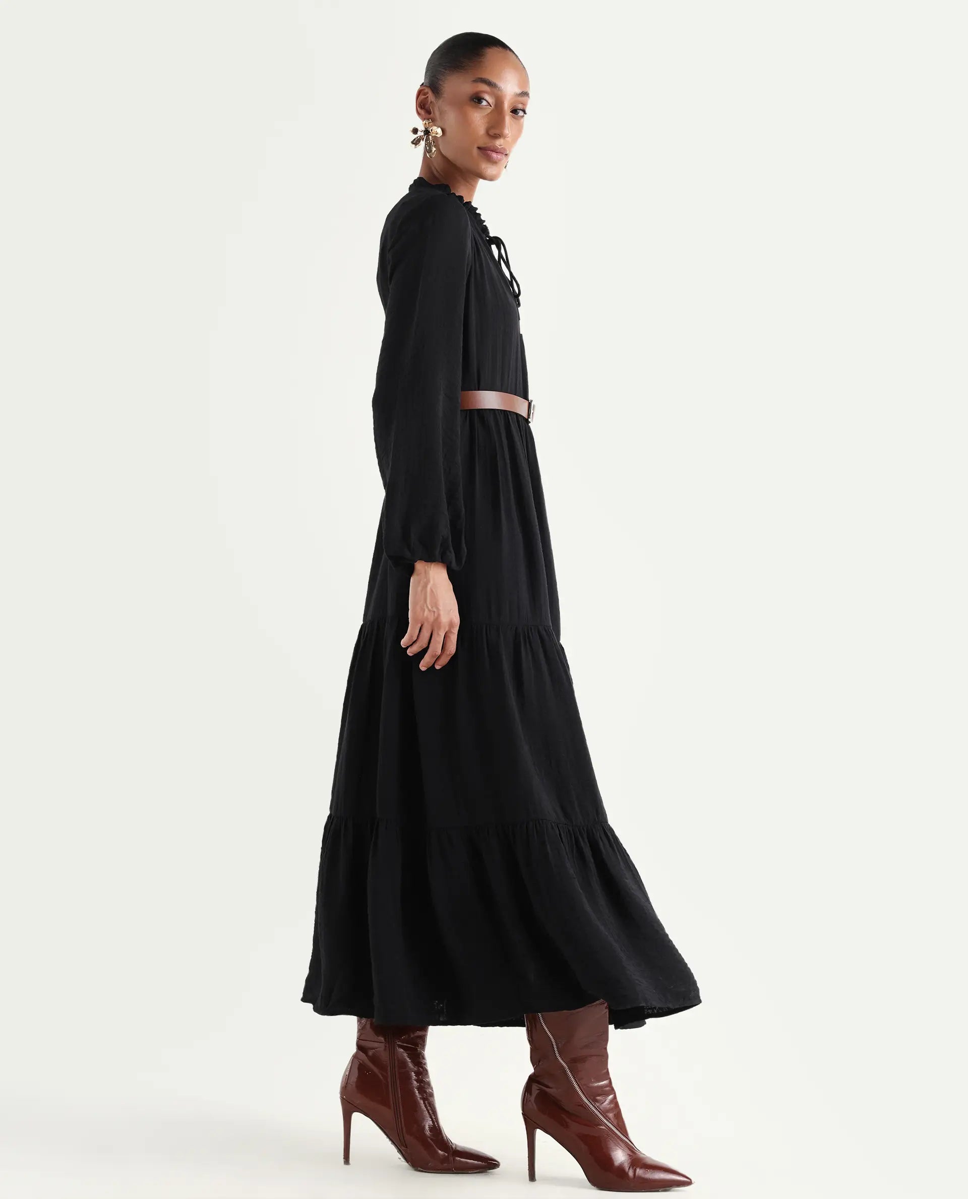 Rareism Women's Carlia Black Viscose Blend Full Sleeve Flared Plain Dress