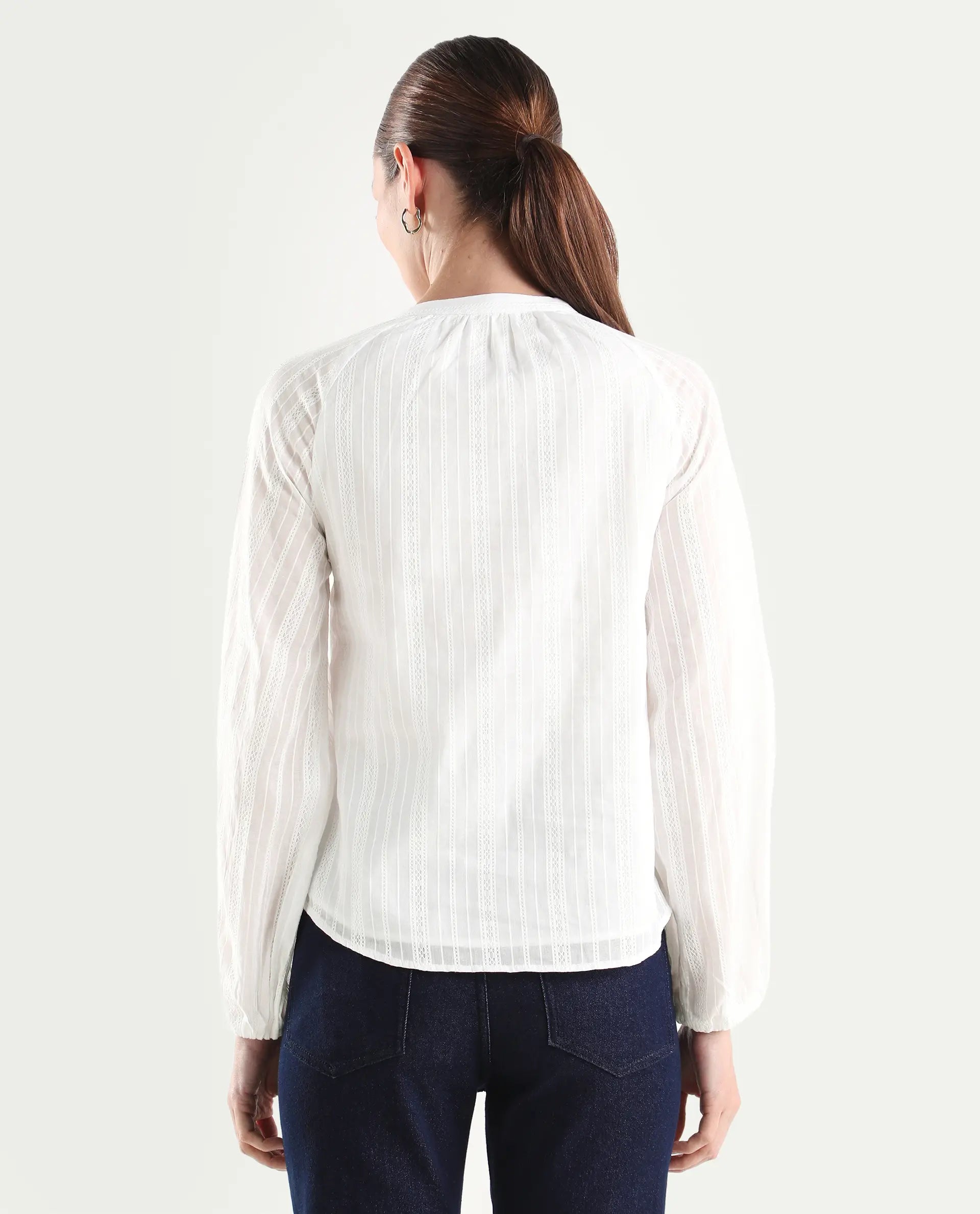 Rareism Women's Cava White Cotton Full Sleeve Regular Fit Plain Top
