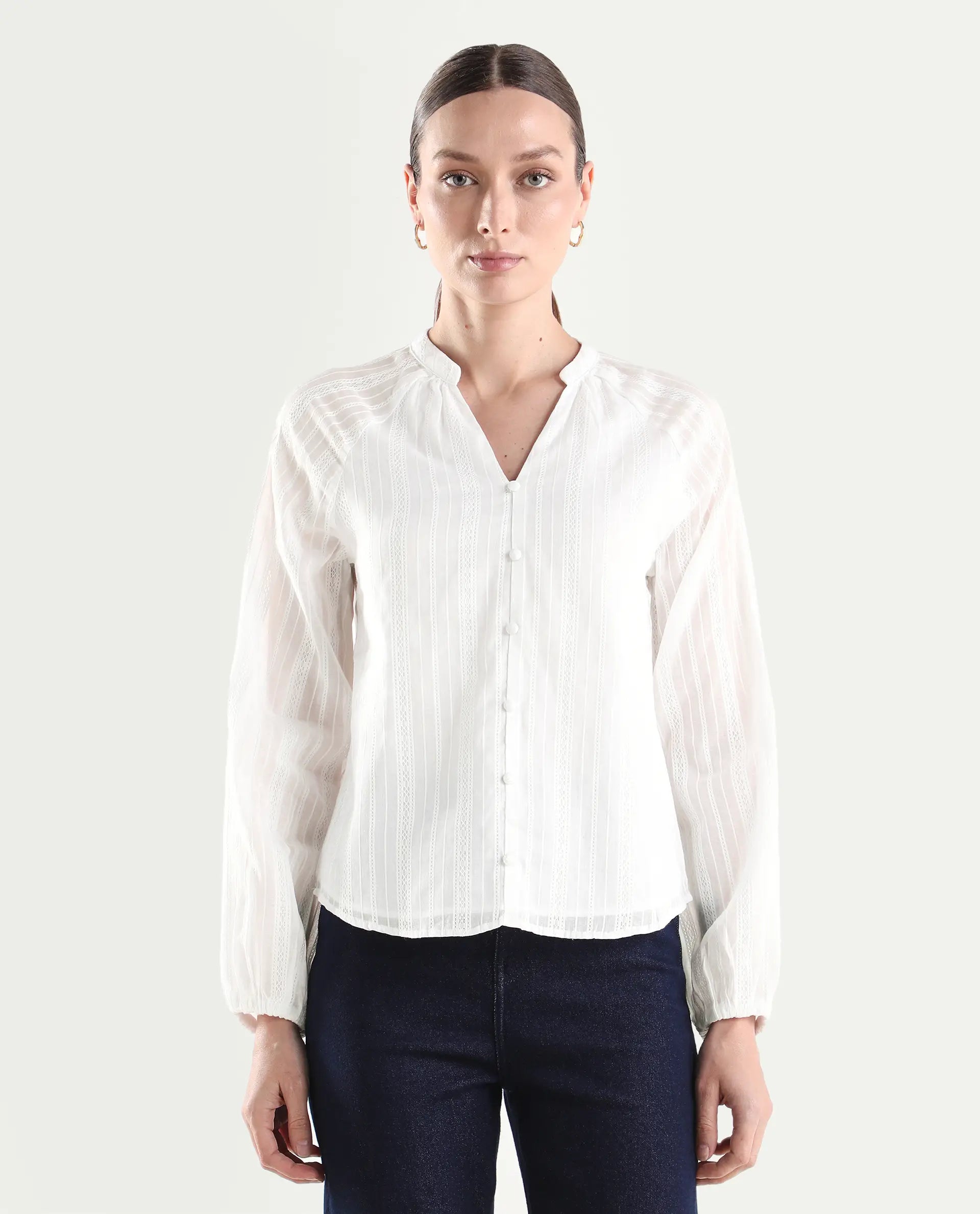 Rareism Women's Cava White Cotton Full Sleeve Regular Fit Plain Top